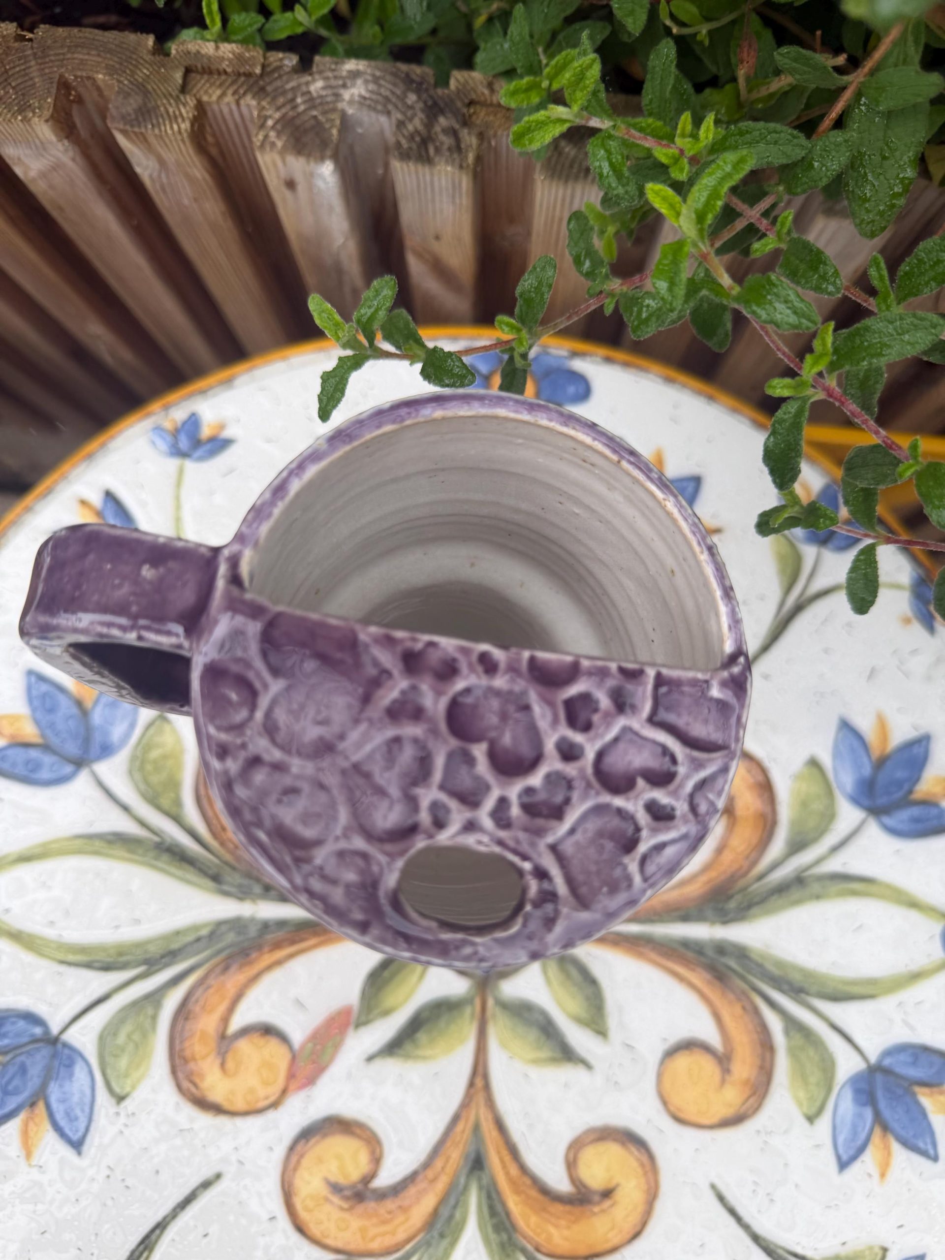 Ceramic left handed Mug with Sip Hole, Elegant Purple Design, Handmade car Travel Mug - Image 7