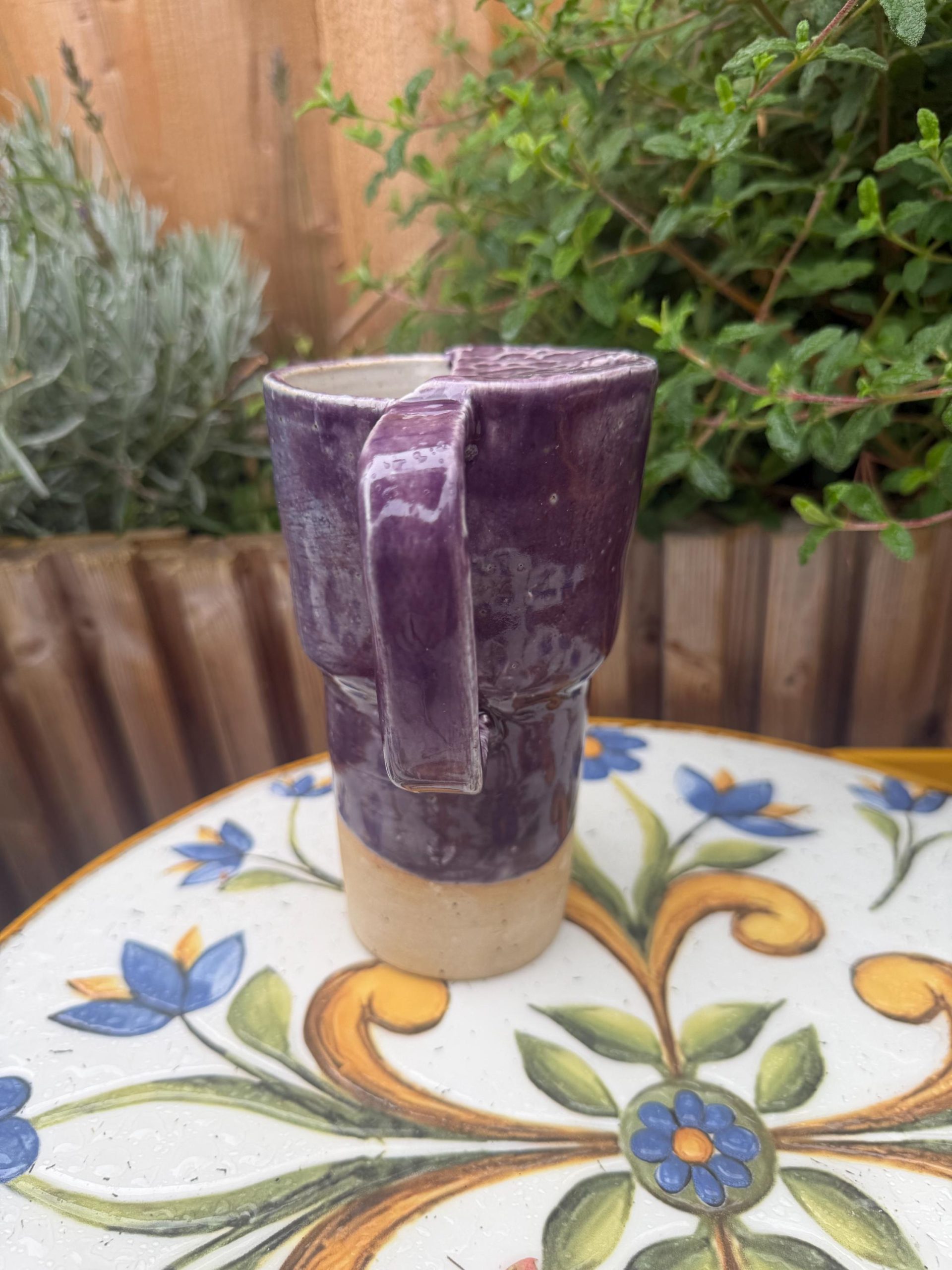 Ceramic left handed Mug with Sip Hole, Elegant Purple Design, Handmade car Travel Mug - Image 15