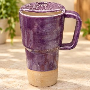 Ceramic left handed Mug with Sip Hole, Elegant Purple Design, Handmade car Travel Mug