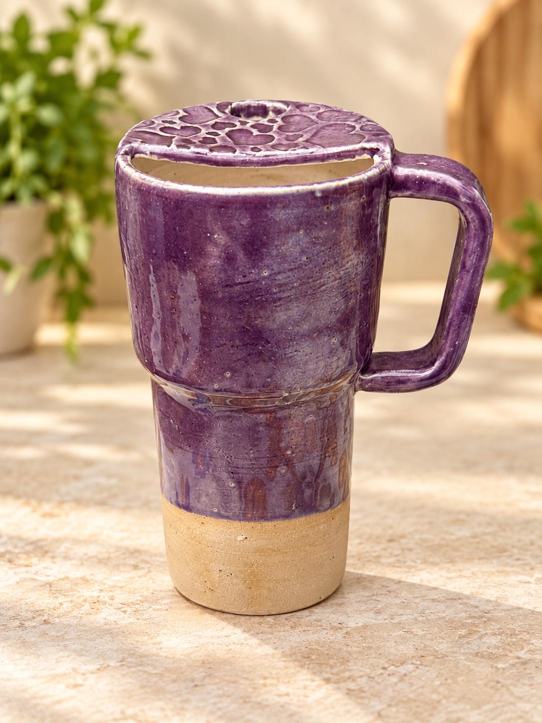 Ceramic left handed Mug with Sip Hole, Elegant Purple Design, Handmade car Travel Mug
