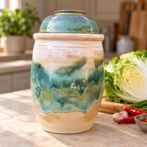 Handmade Ceramic Kimchi Fermentation Jar with Weights. Green Glazed Stoneware Crock with Matching Lid