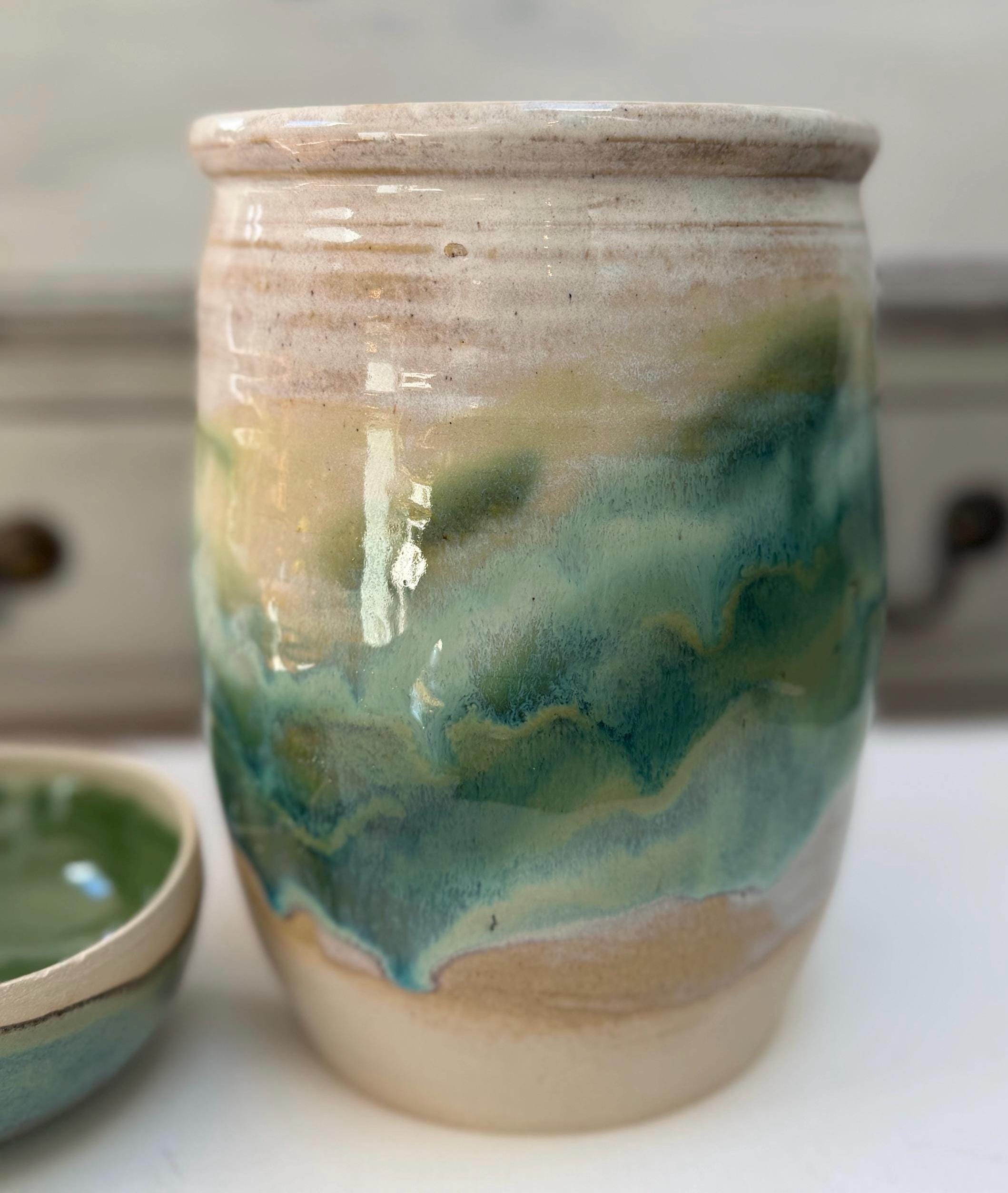 Handmade Ceramic Kimchi Fermentation Jar with Weights. Green Glazed Stoneware Crock with Matching Lid - Image 5