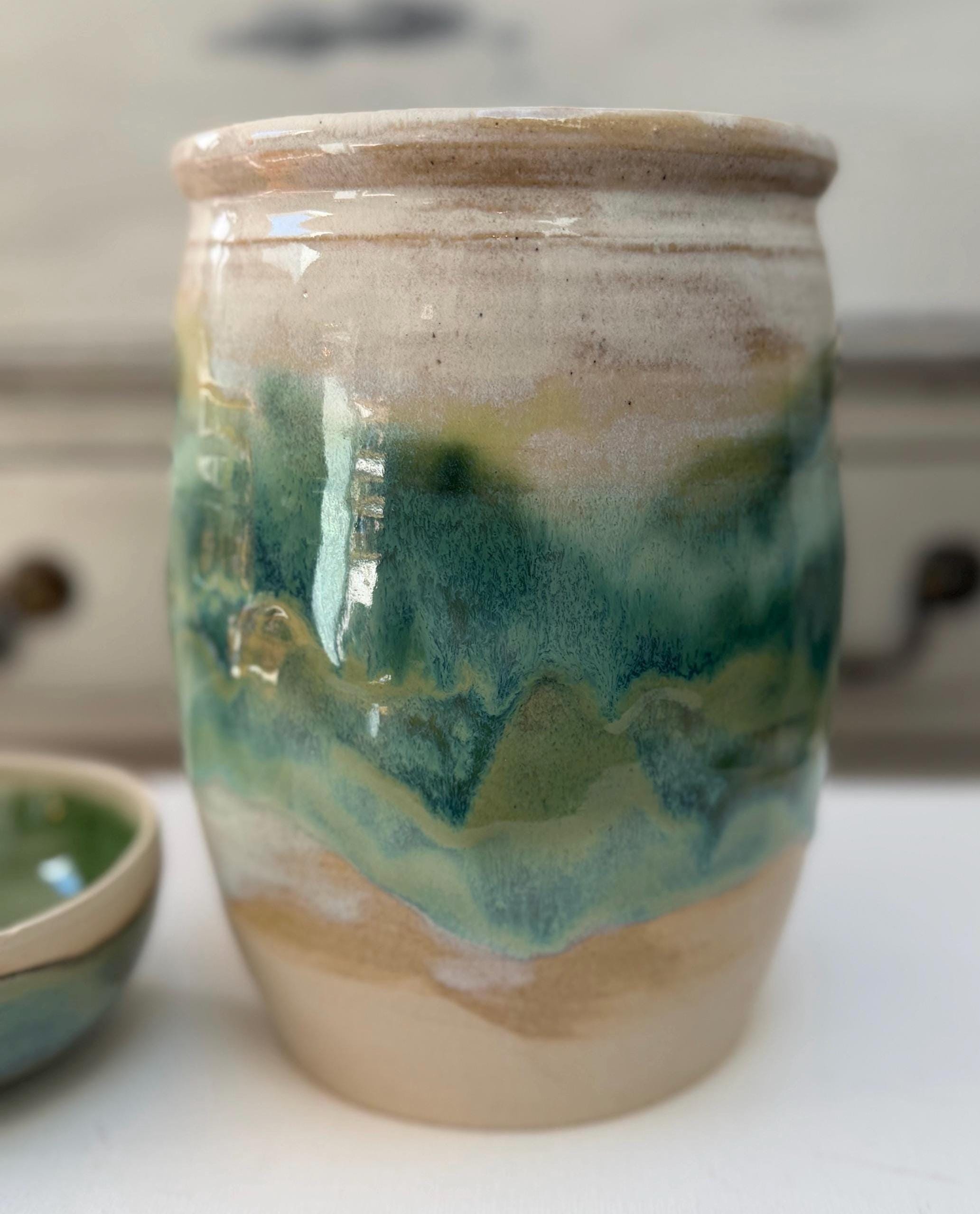 Handmade Ceramic Kimchi Fermentation Jar with Weights. Green Glazed Stoneware Crock with Matching Lid - Image 8