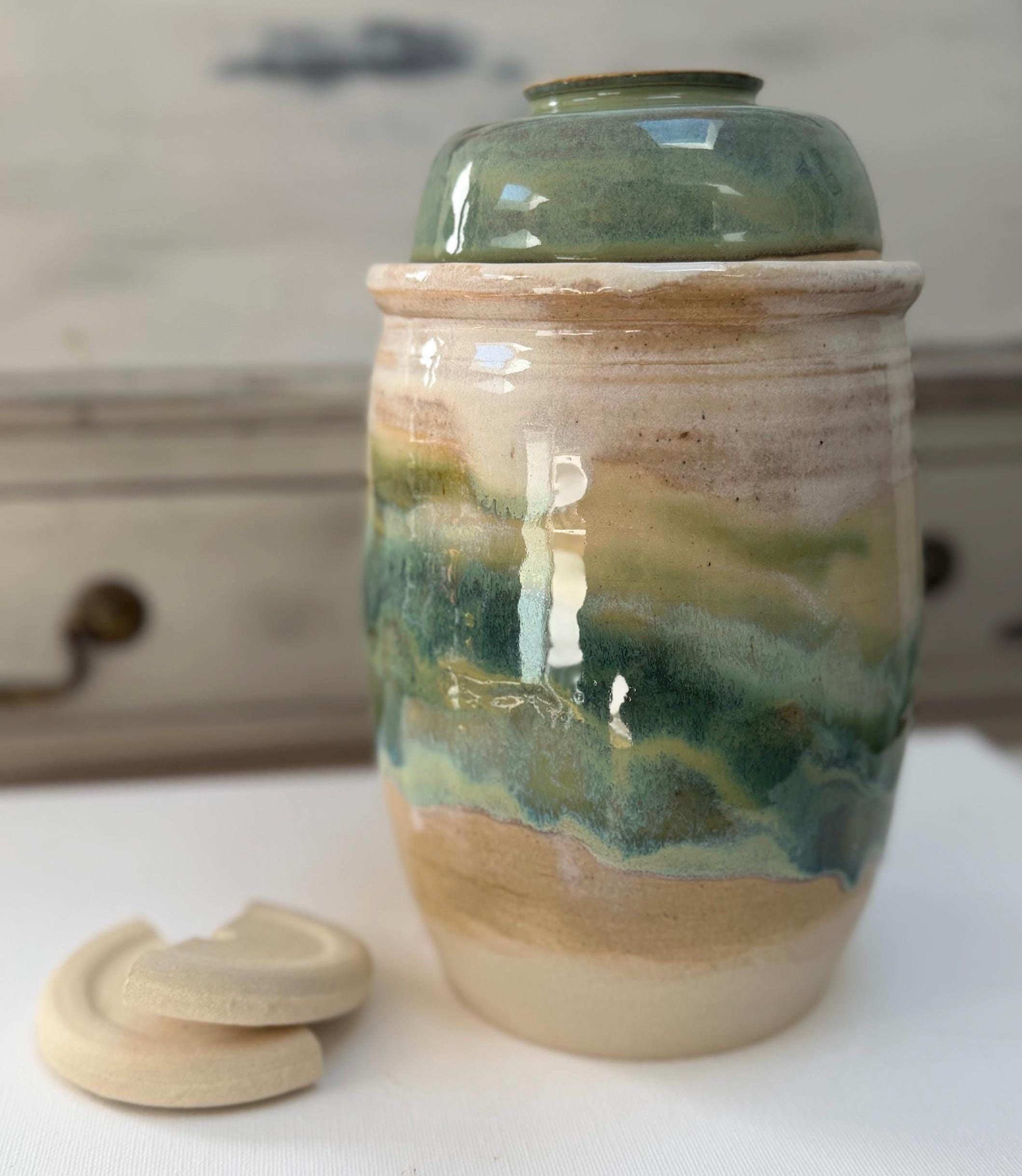 Handmade Ceramic Kimchi Fermentation Jar with Weights. Green Glazed Stoneware Crock with Matching Lid - Image 13