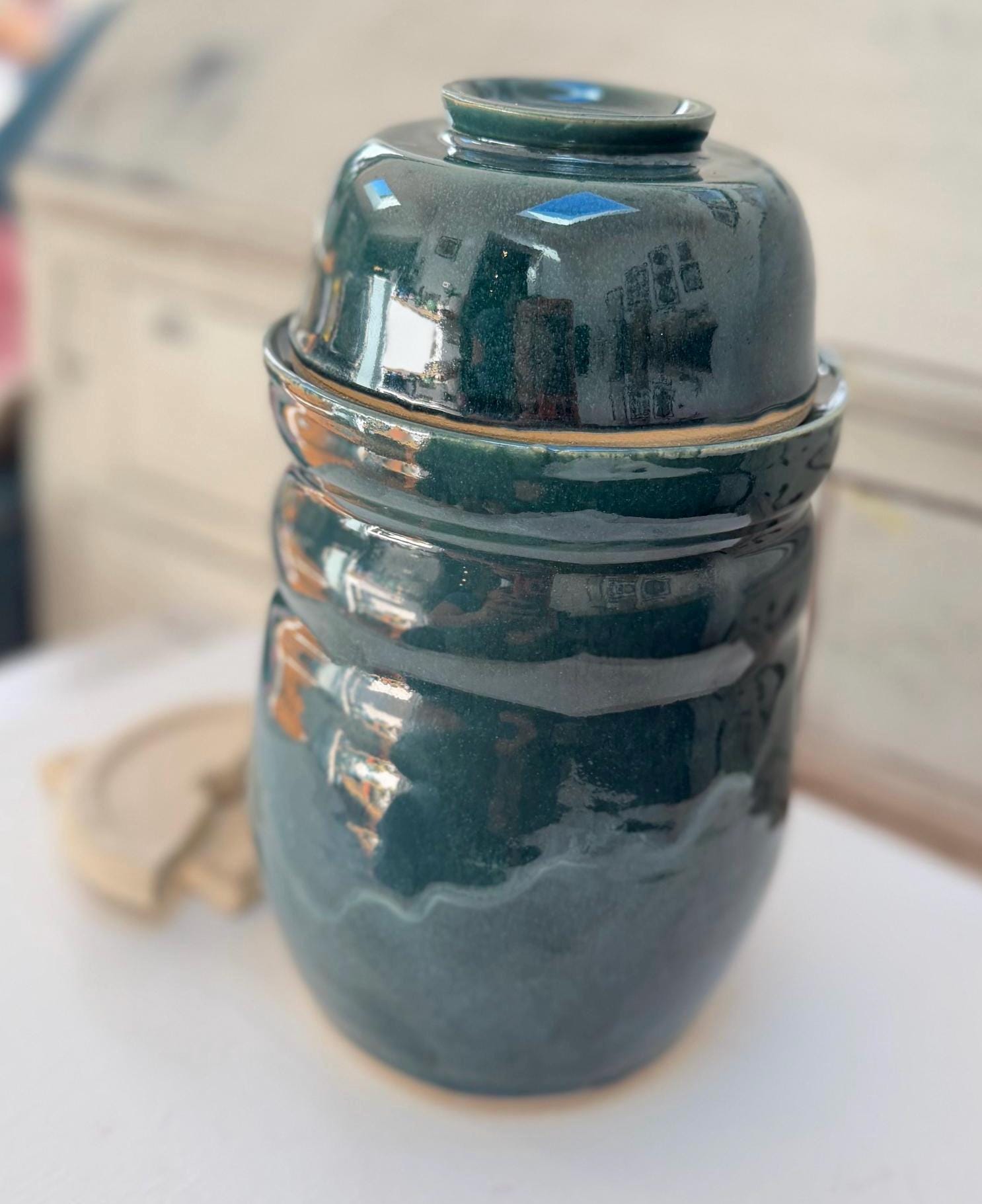 Handmade Ceramic Kimchi Fermentation Jar, Teal Green Stoneware Crock with Lid Bowl and Weights - Image 2