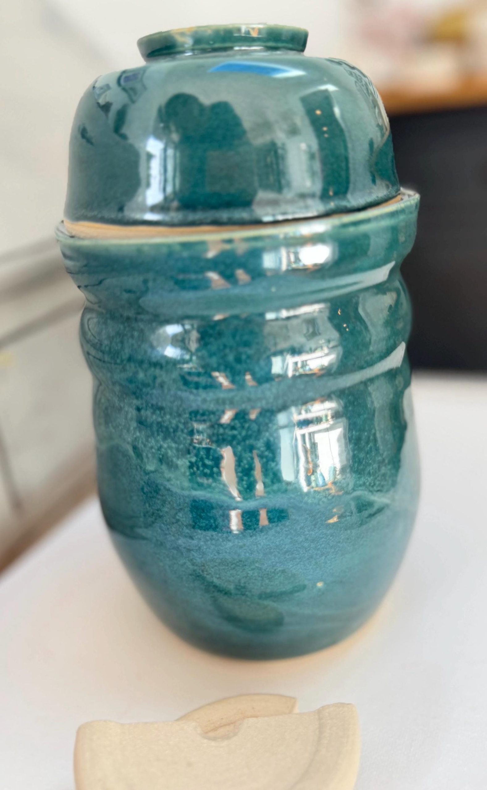 Handmade Ceramic Kimchi Fermentation Jar, Teal Green Stoneware Crock with Lid Bowl and Weights - Image 10