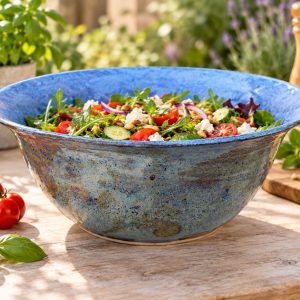 Handmade Blue Ceramic Serving/ mixing Bowl, Layered Glaze, Rustic Kitchen Centrepiece (2.5L)
