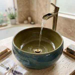Handmade Blue green Ceramic Sink one of a kind | Artisan Stoneware Basin (33cm)