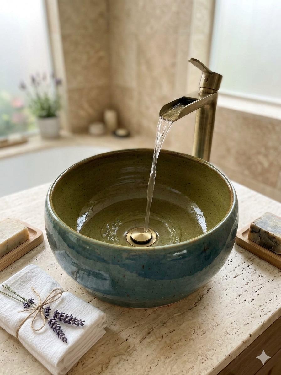Handmade Blue green Ceramic Sink one of a kind | Artisan Stoneware Basin (33cm)