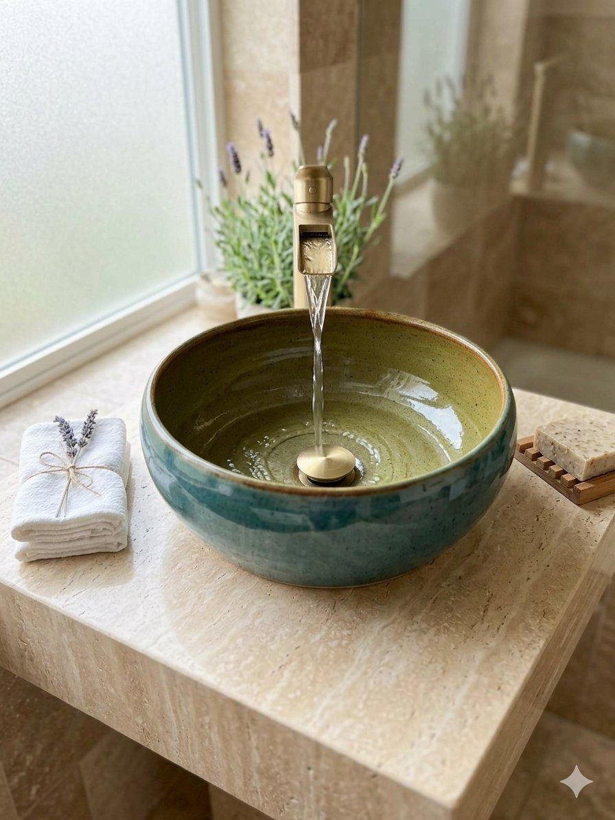 Handmade Blue green Ceramic Sink one of a kind | Artisan Stoneware Basin (33cm) - Image 2