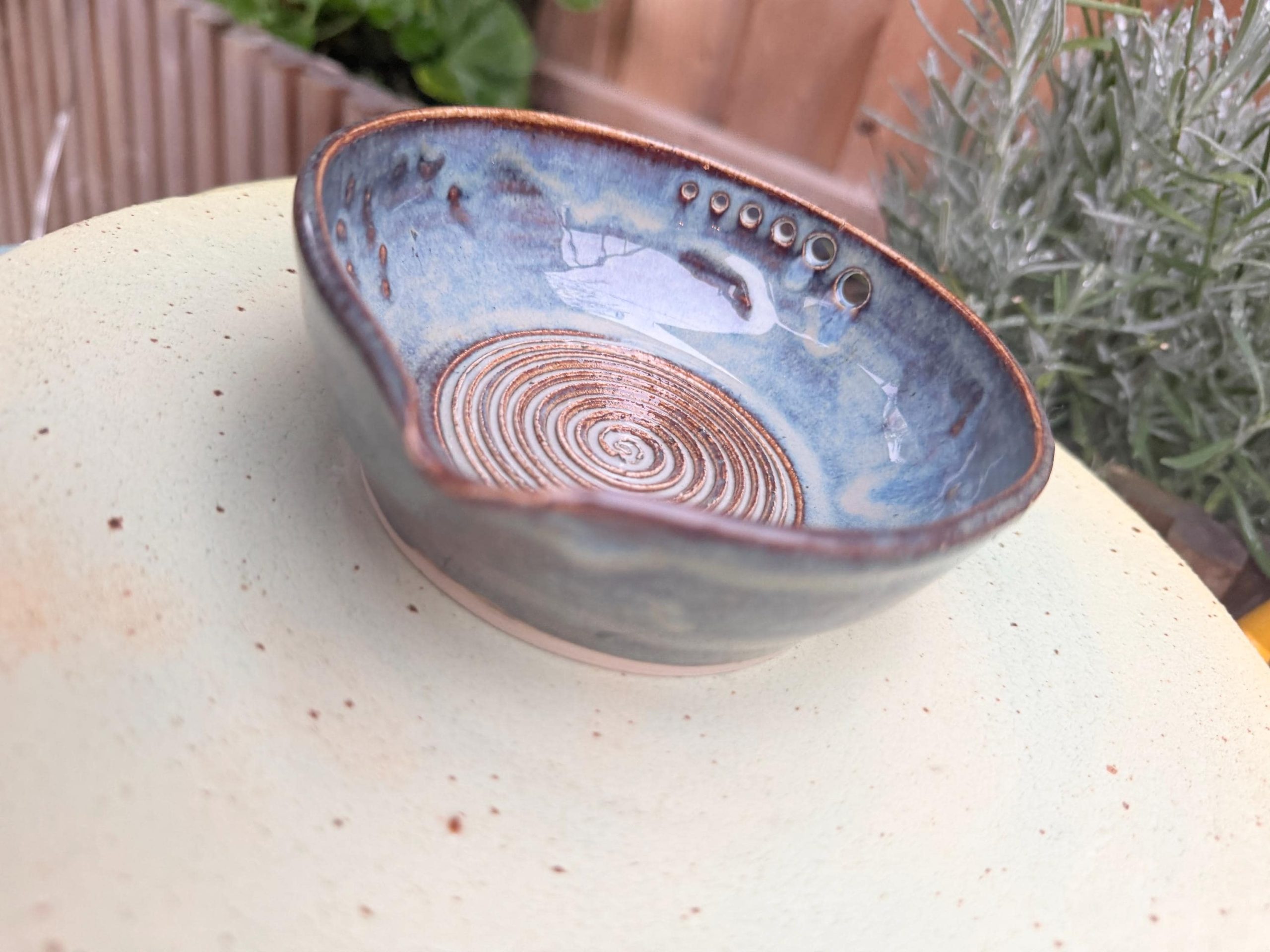 Handmade Blue Ceramic Garlic/ ginger Grater & Herb Stripper Bowl Stoneware Pottery