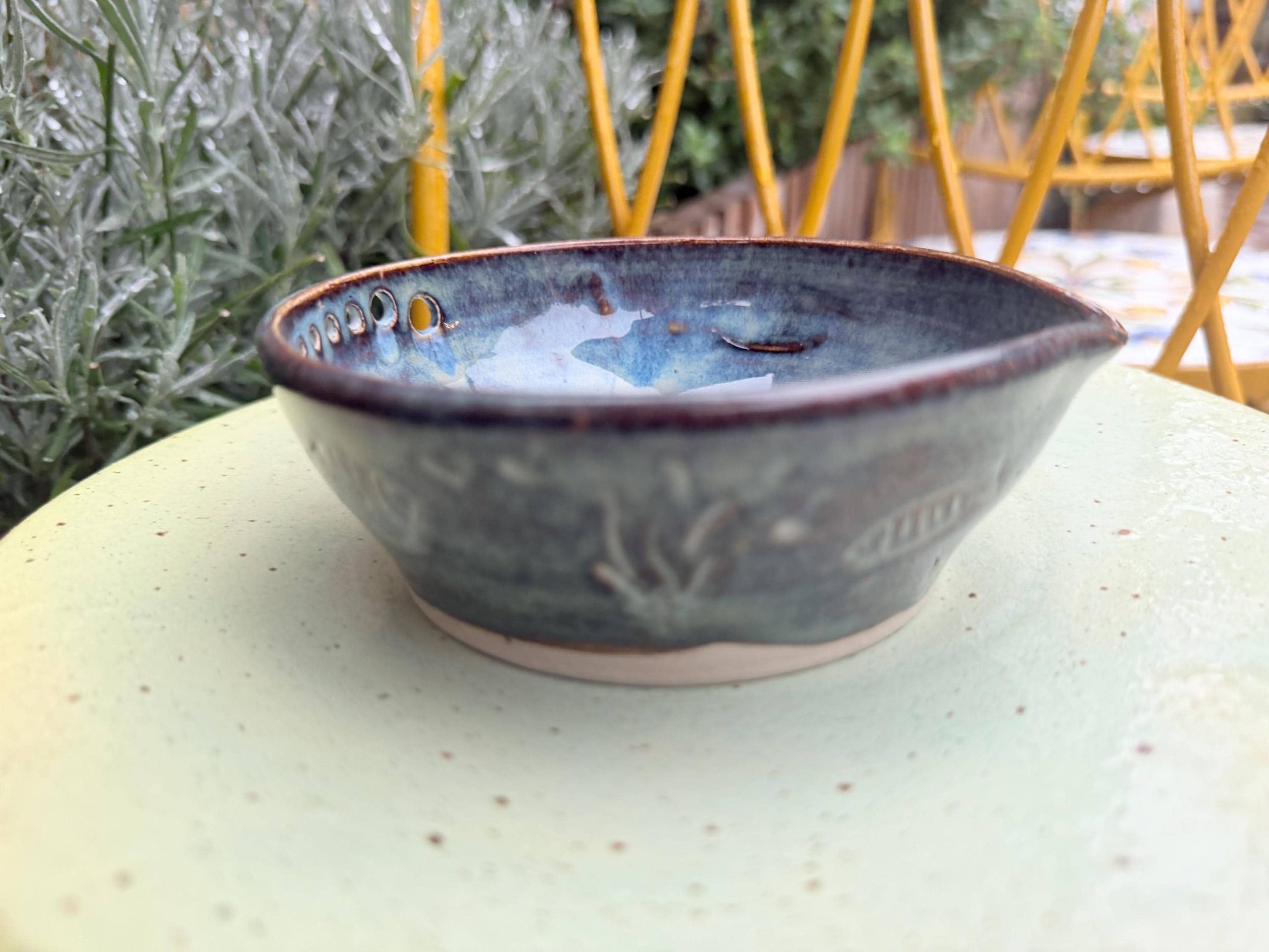 Handmade Blue Ceramic Garlic/ ginger Grater & Herb Stripper Bowl Stoneware Pottery - Image 9
