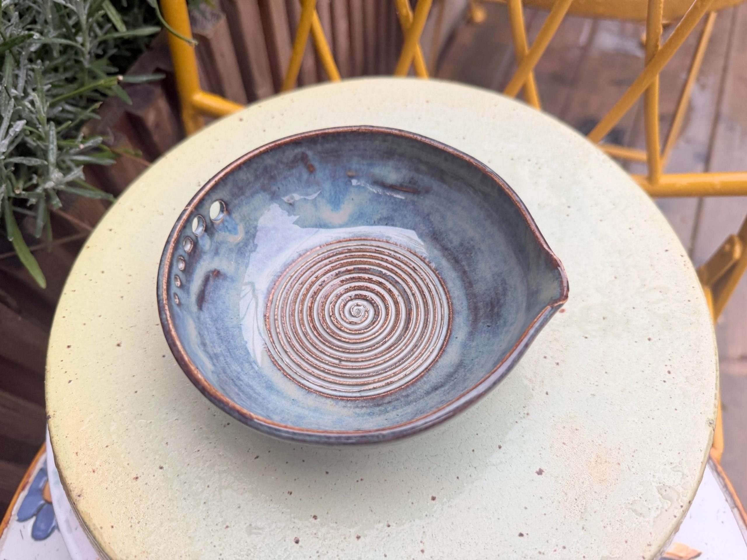 Handmade Blue Ceramic Garlic/ ginger Grater & Herb Stripper Bowl Stoneware Pottery - Image 2