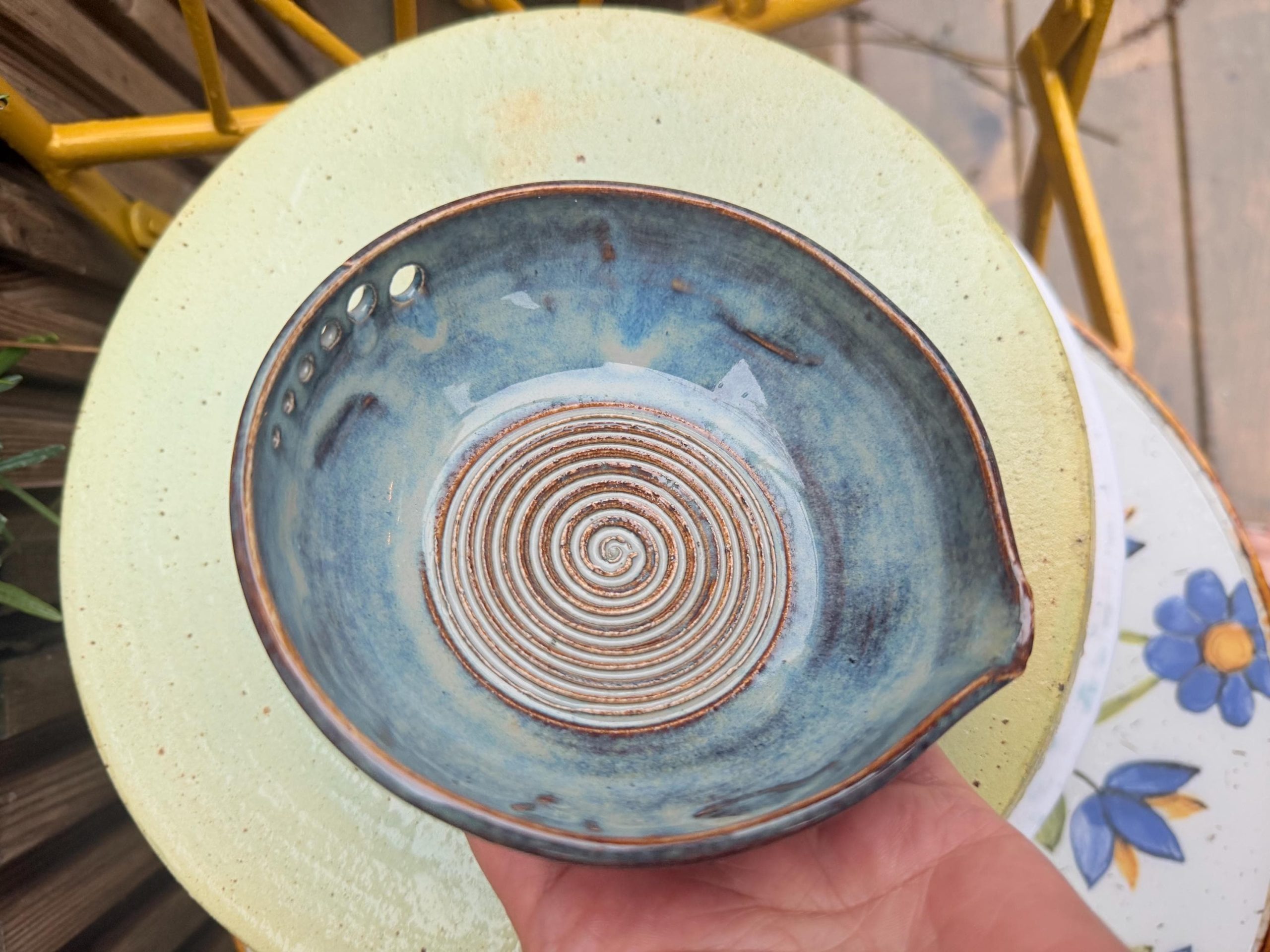 Handmade Blue Ceramic Garlic/ ginger Grater & Herb Stripper Bowl Stoneware Pottery - Image 11