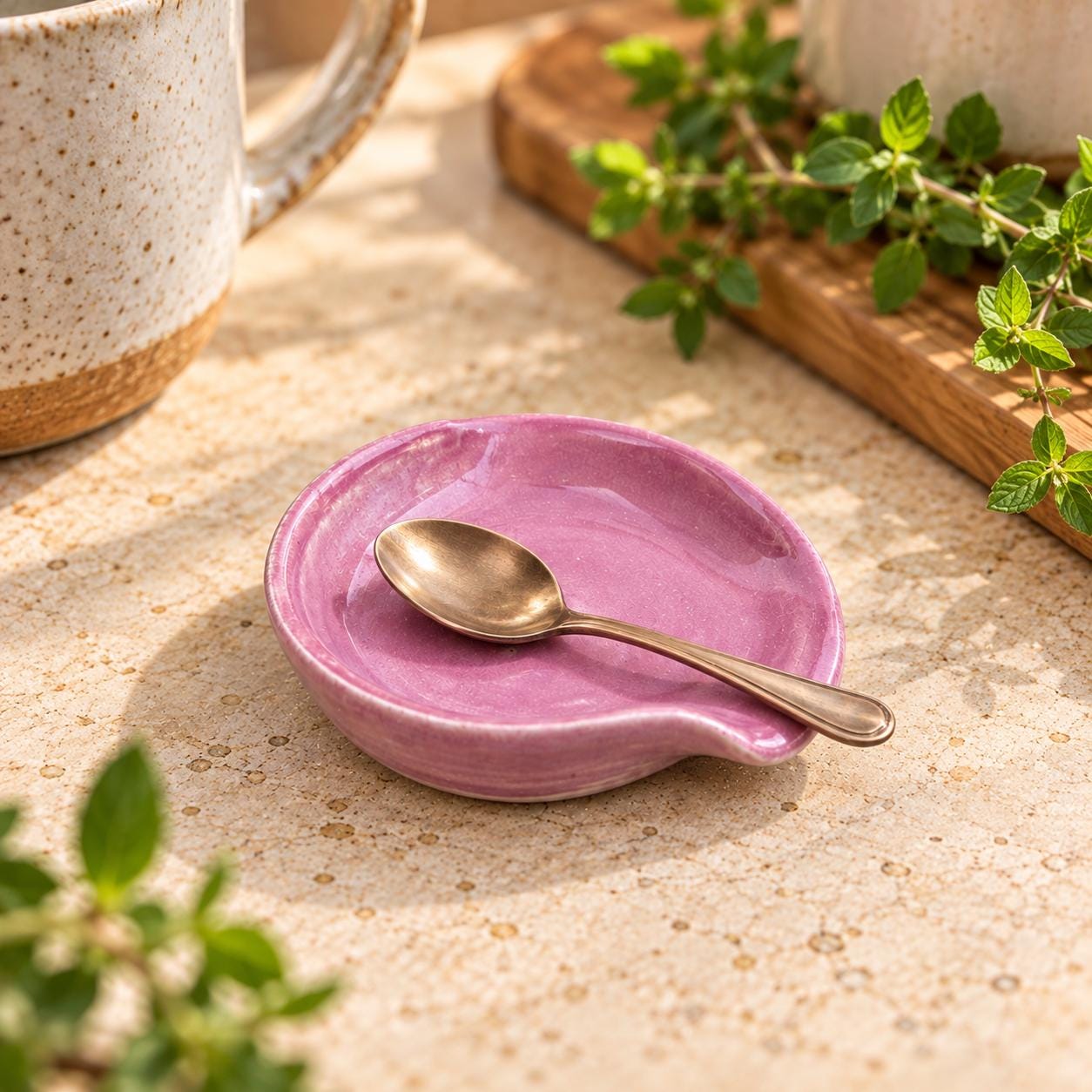 Handmade Pink Ceramic Spoon Rest – Glossy pink Glaze, Finish (10cm) - Image 2