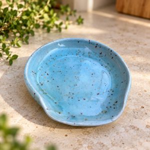 Handmade Blue Speckle Ceramic Spoon Rest, Cotswolds Pottery Utensil Holder (13cm)