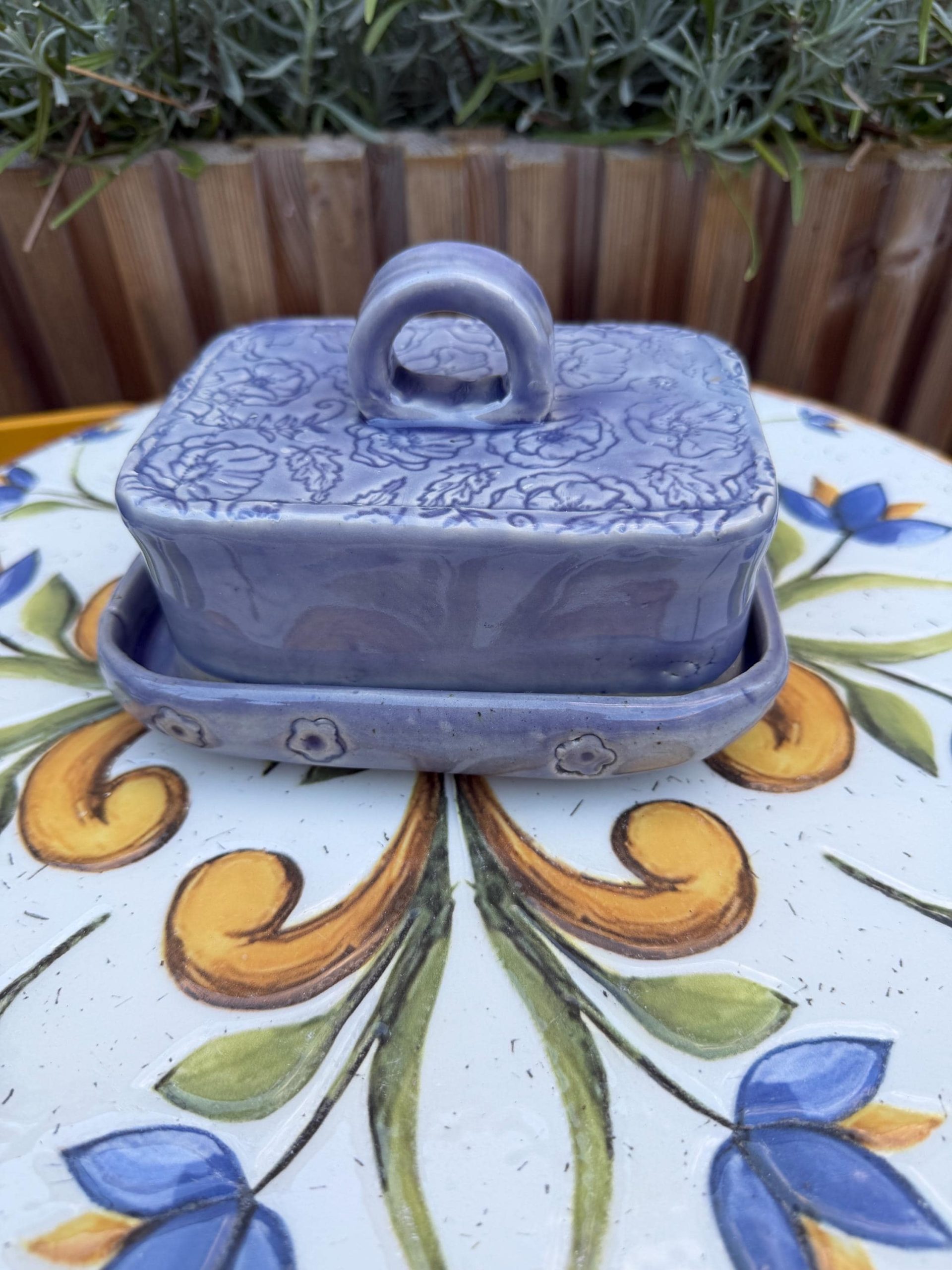 Handmade Ceramic Butter Dish with Lid, Lavender Floral Embossed Pottery, Cottagecore Purple Butter Keeper - Image 3