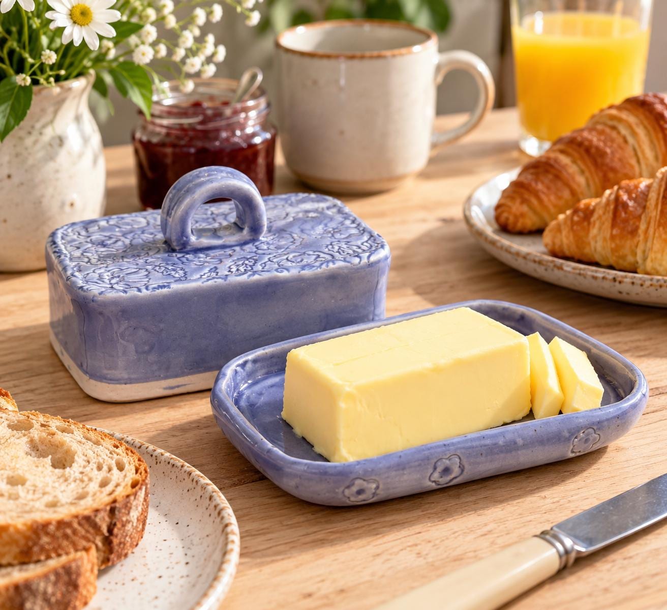 Handmade Ceramic Butter Dish with Lid, Lavender Floral Embossed Pottery, Cottagecore Purple Butter Keeper - Image 2