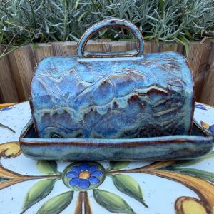 Handmade Blue Ceramic Butter Dish, Pottery Butter Keeper with Lid, Decorative Kitchen Tableware