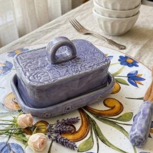 Handmade Ceramic Butter Dish with Lid, Lavender Floral Embossed Pottery, Cottagecore Purple Butter Keeper