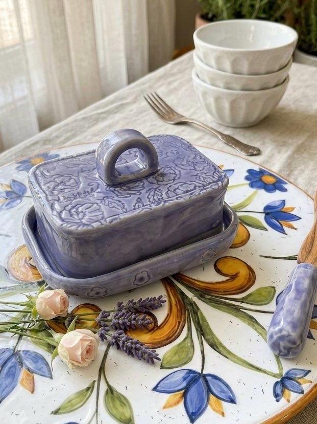 Handmade Ceramic Butter Dish with Lid, Lavender Floral Embossed Pottery, Cottagecore Purple Butter Keeper
