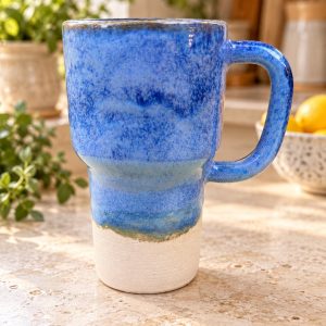Handmade Cream Ceramic Travel Mug, Speckled Pottery Coffee Cup with Handle 460 ml