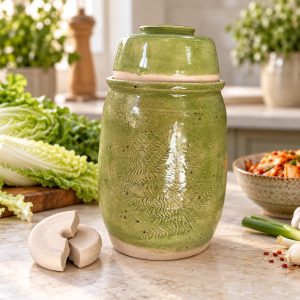 Handmade Ceramic Kimchi Jar, Green Stoneware Crock, Carved Fern Design