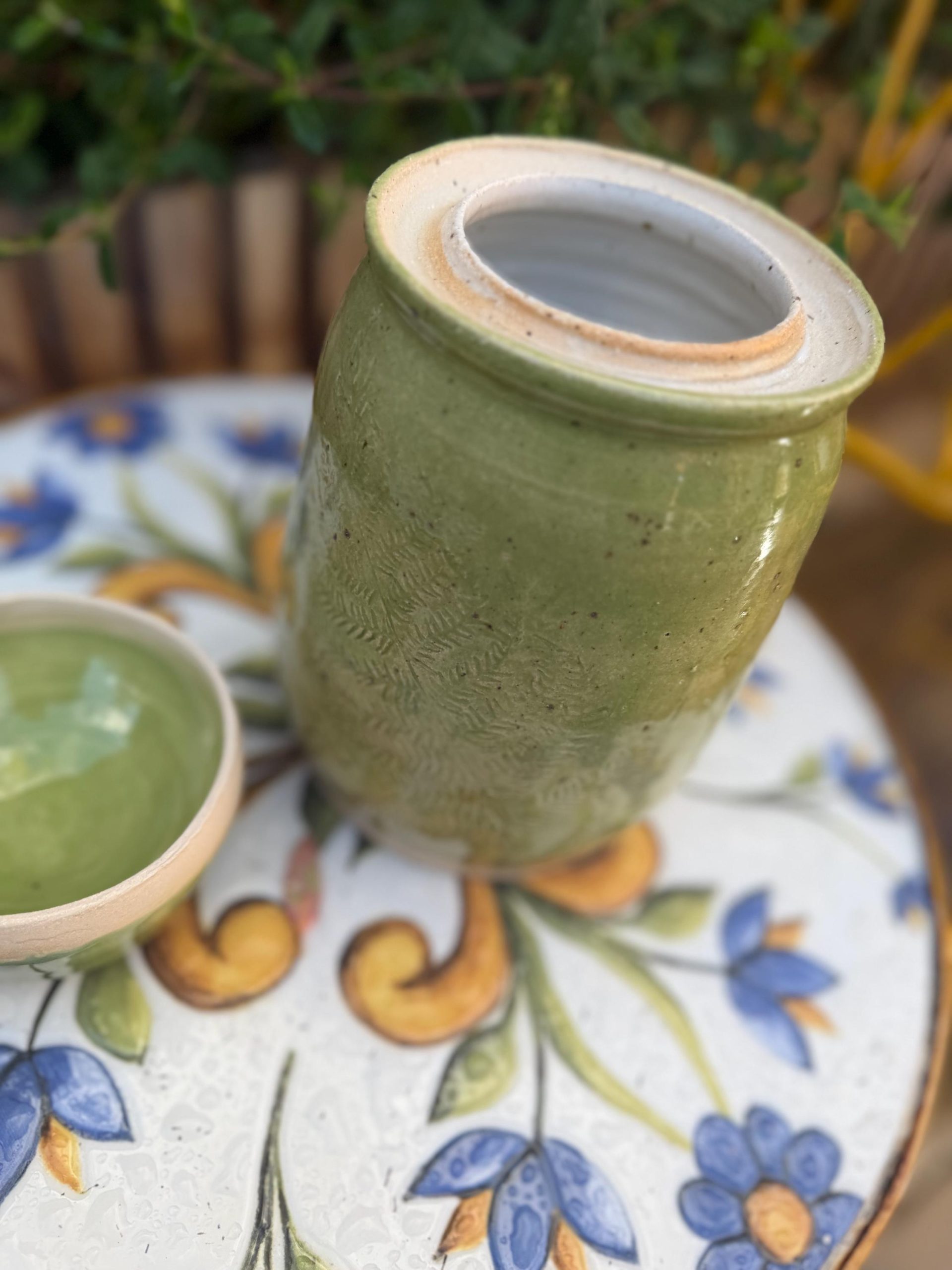 Handmade Ceramic Kimchi Jar, Green Stoneware Crock, Carved Fern Design - Image 17