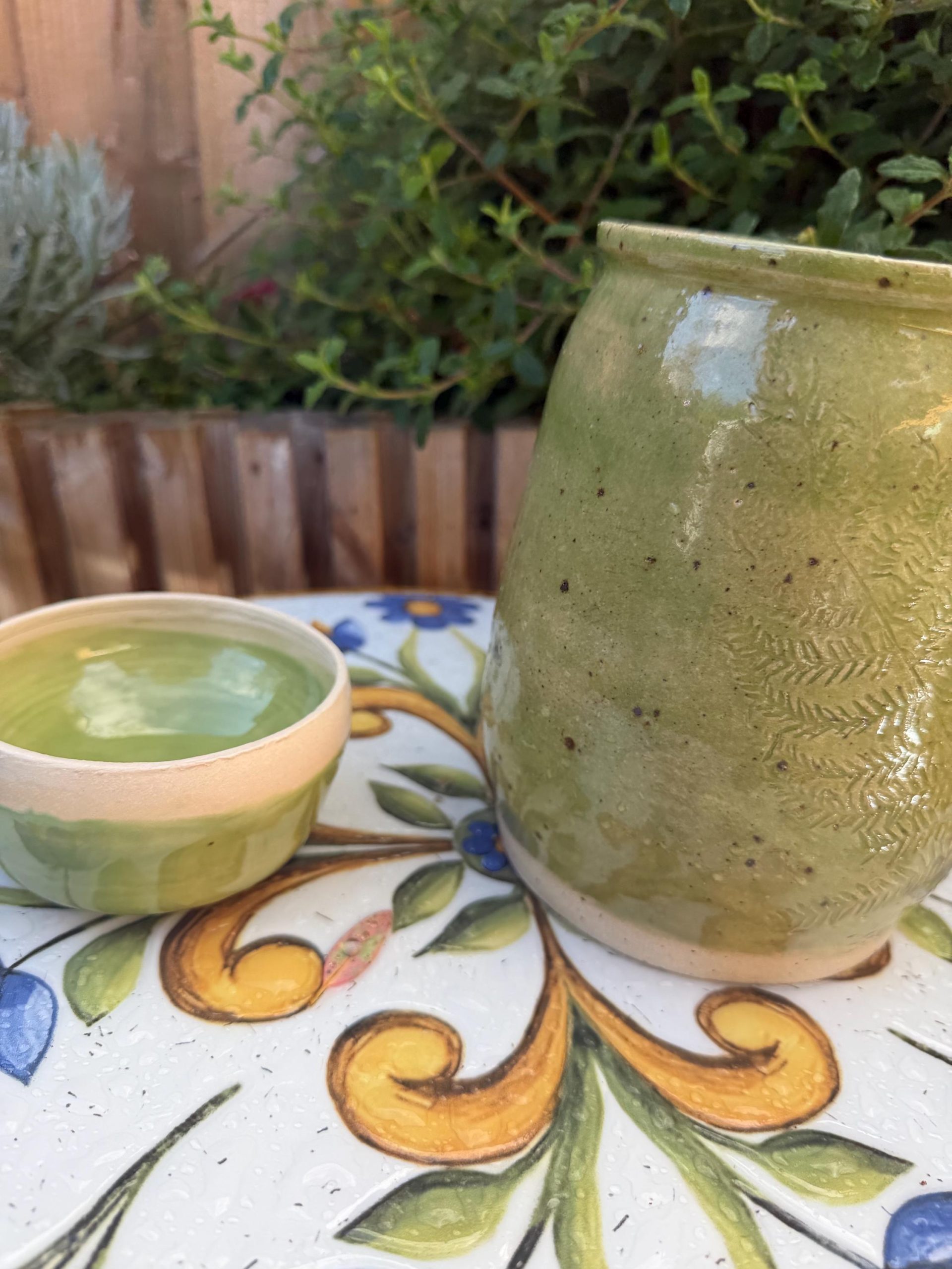 Handmade Ceramic Kimchi Jar, Green Stoneware Crock, Carved Fern Design - Image 3