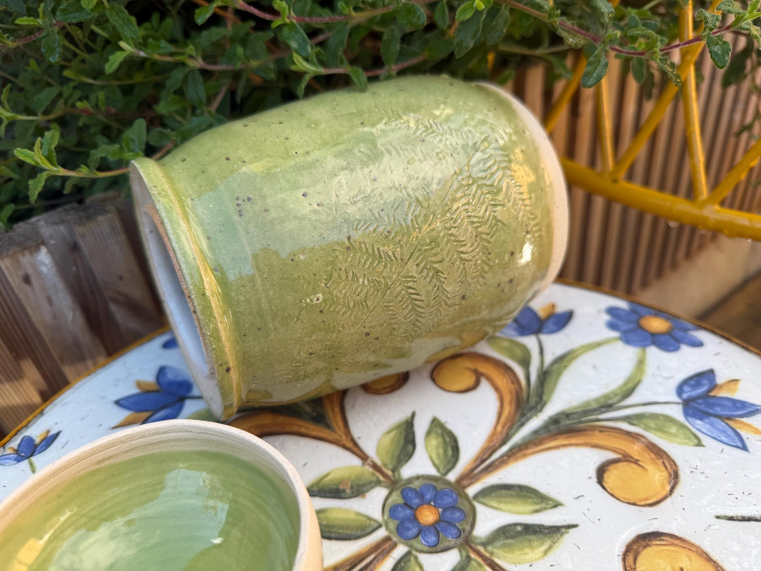Handmade Ceramic Kimchi Jar, Green Stoneware Crock, Carved Fern Design - Image 11