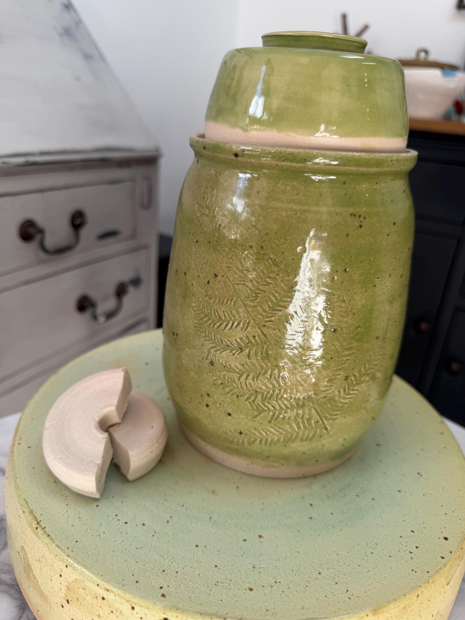 Handmade Ceramic Kimchi Jar, Green Stoneware Crock, Carved Fern Design - Image 4