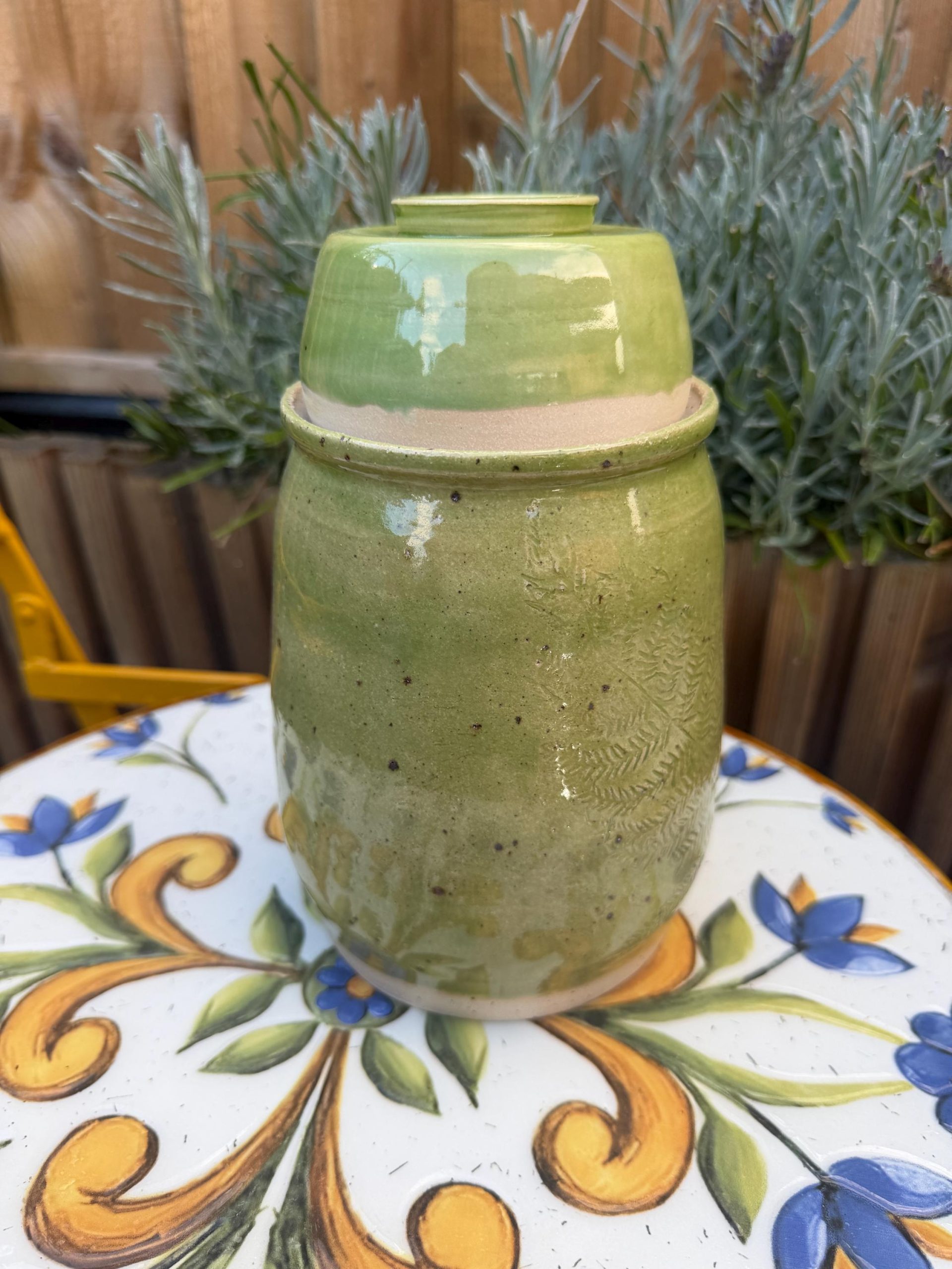 Handmade Ceramic Kimchi Jar, Green Stoneware Crock, Carved Fern Design - Image 13