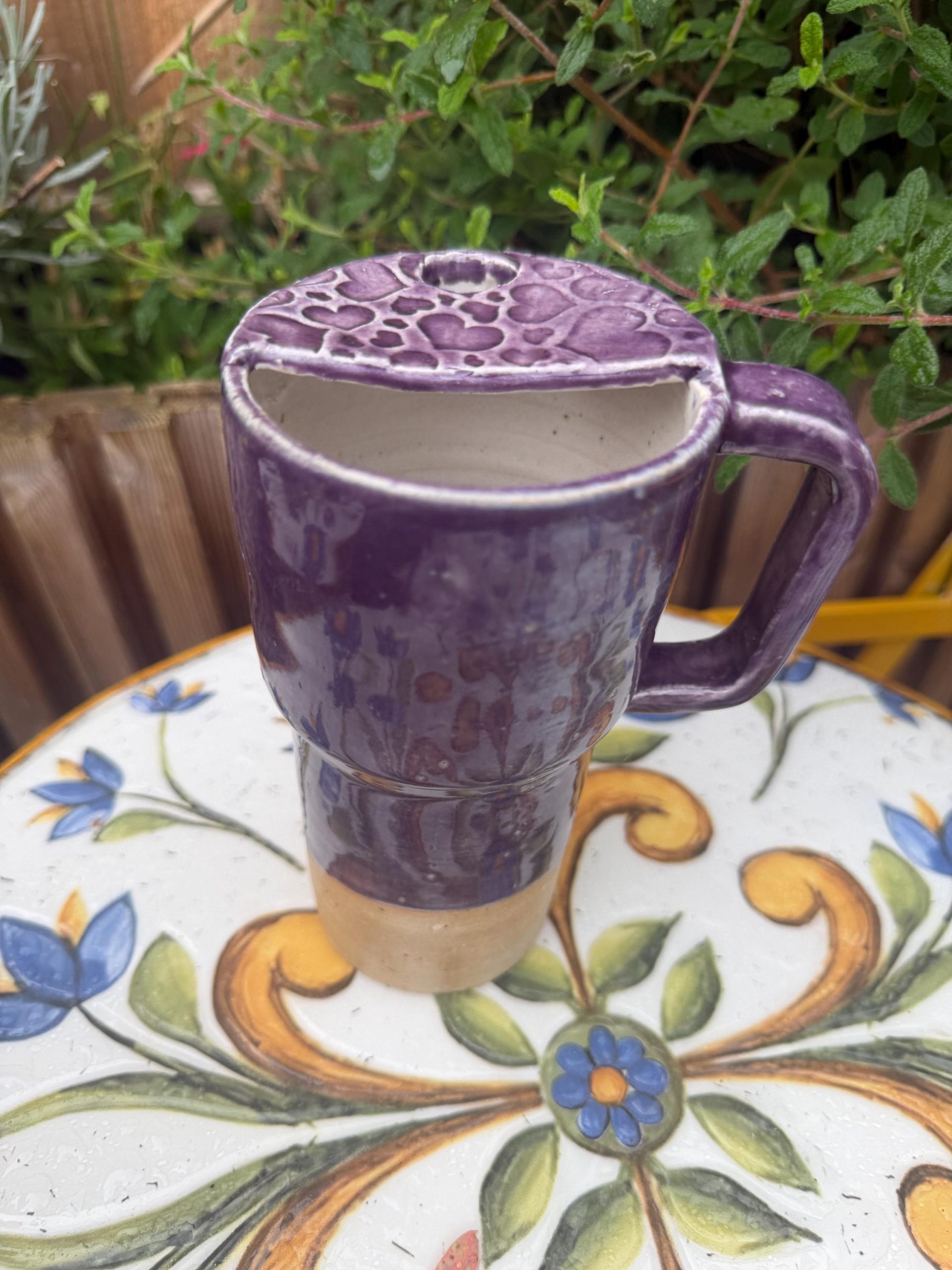 Ceramic left handed Mug with Sip Hole, Elegant Purple Design, Handmade car Travel Mug - Image 2