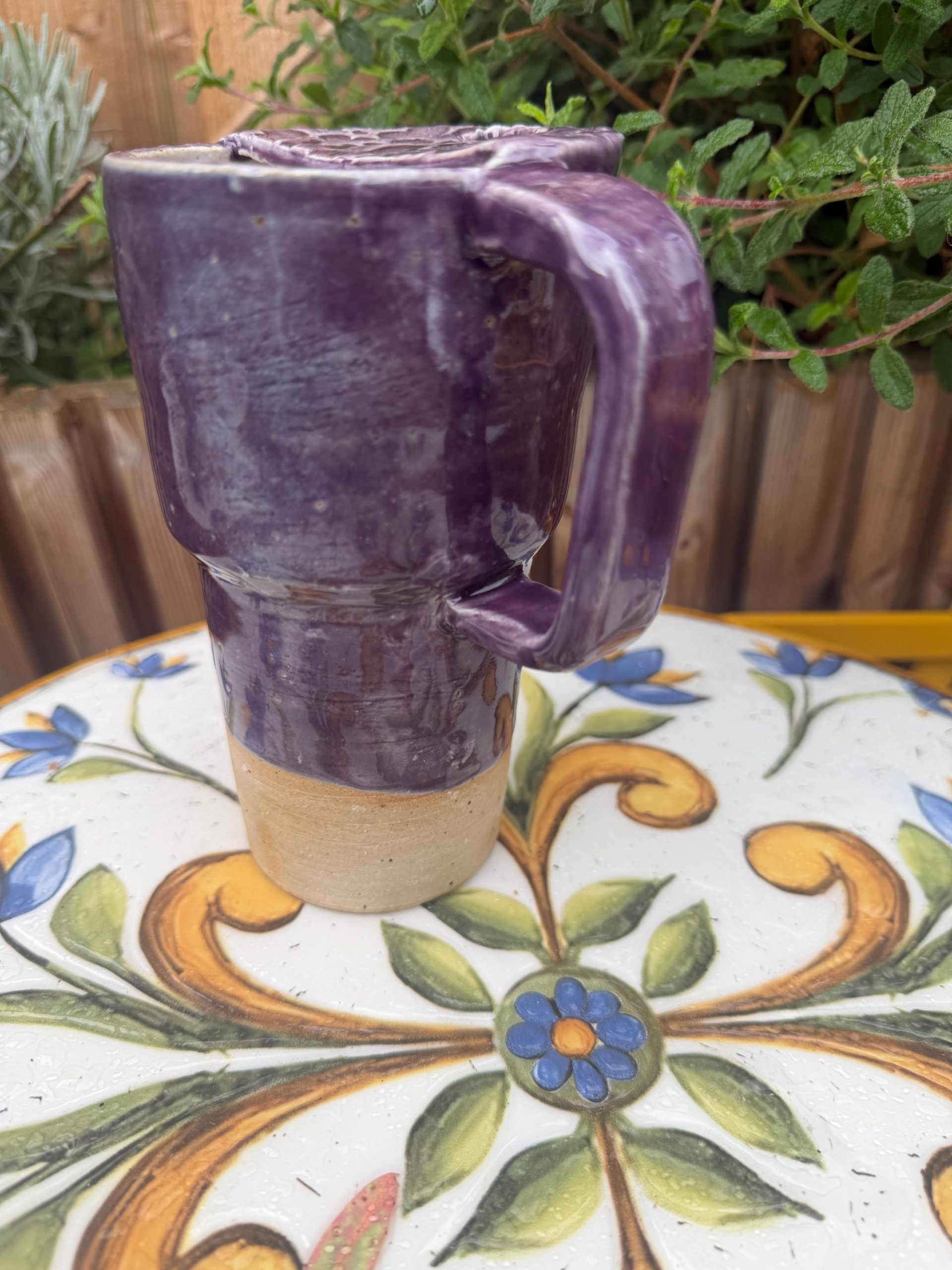Ceramic left handed Mug with Sip Hole, Elegant Purple Design, Handmade car Travel Mug - Image 4