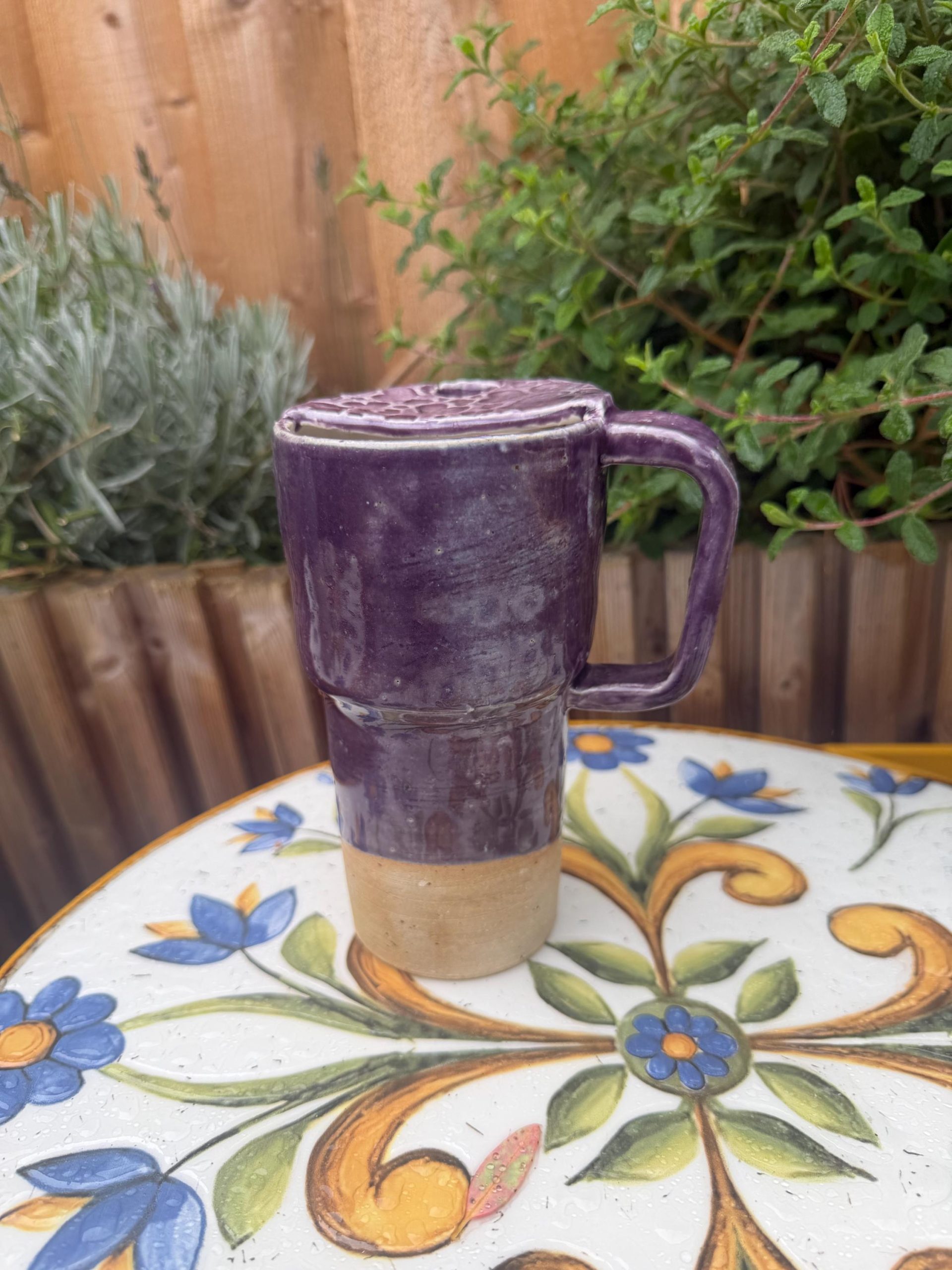 Ceramic left handed Mug with Sip Hole, Elegant Purple Design, Handmade car Travel Mug - Image 14