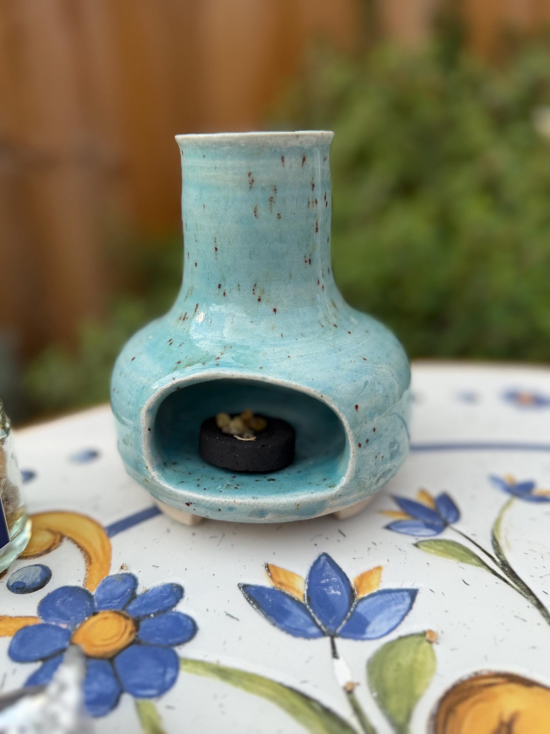Handmade Ceramic Incense Burner, Speckled Turquoise Stoneware Chiminea - Image 10