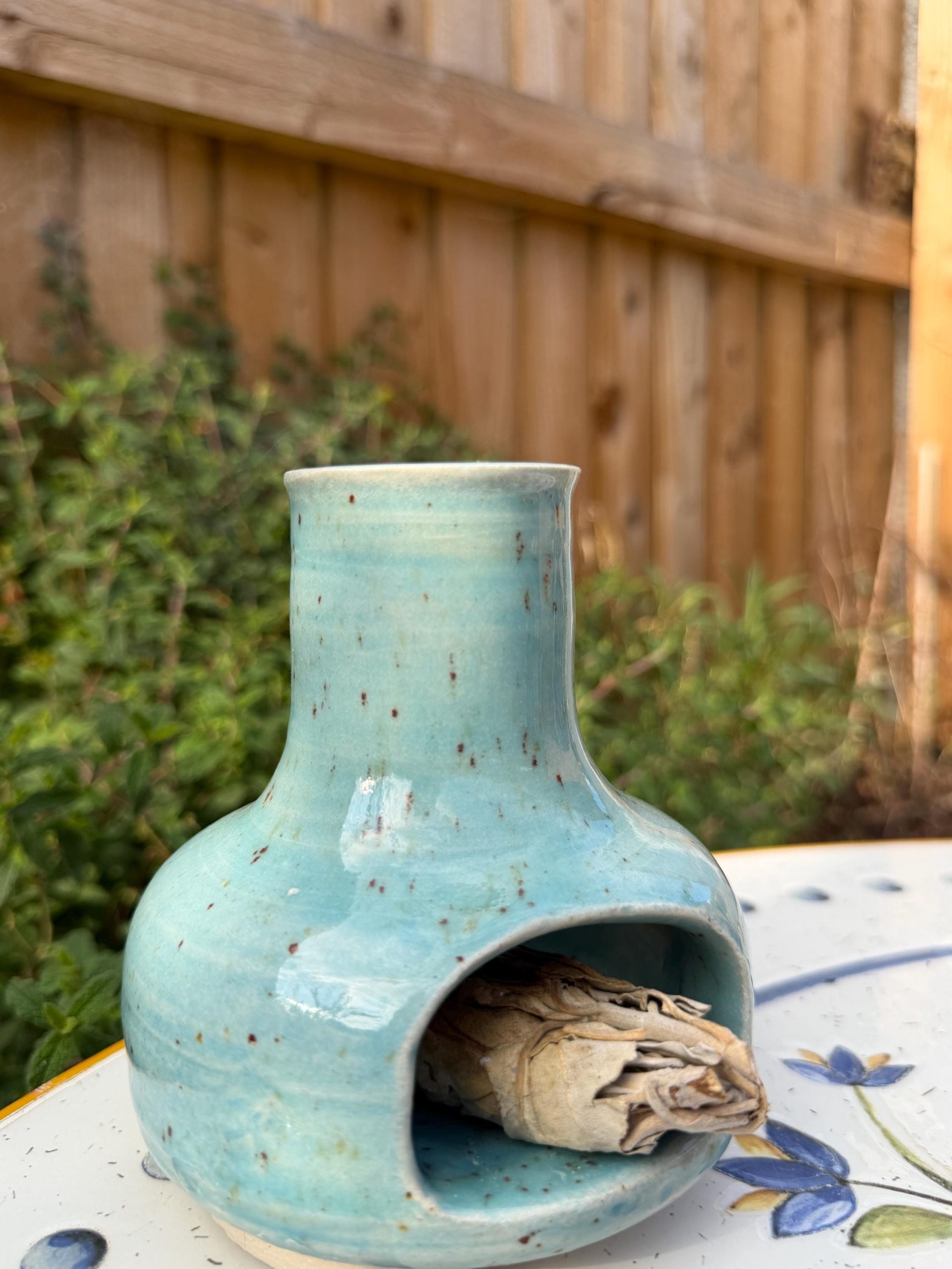 Handmade Ceramic Incense Burner, Speckled Turquoise Stoneware Chiminea - Image 9