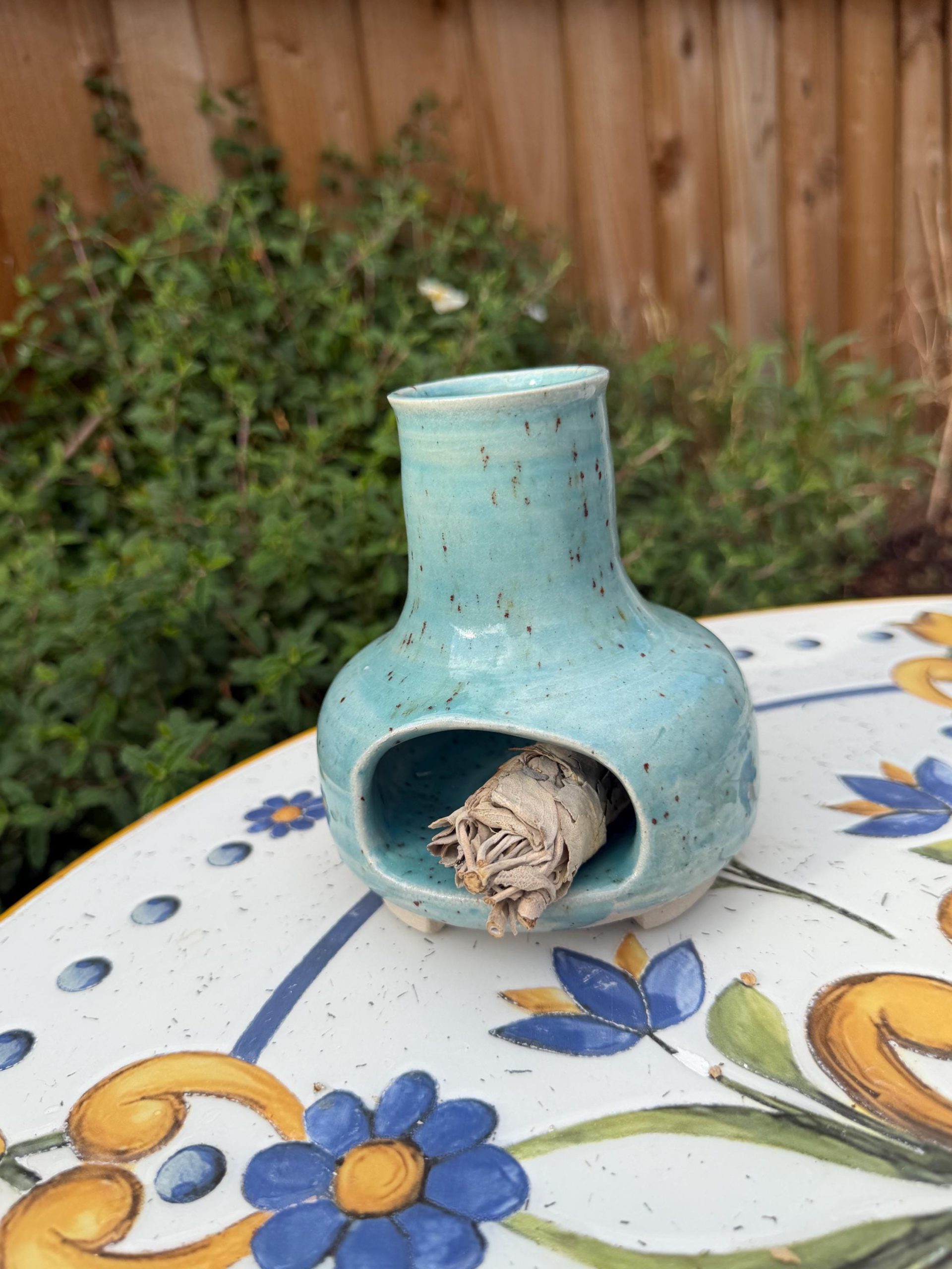 Handmade Ceramic Incense Burner, Speckled Turquoise Stoneware Chiminea - Image 5