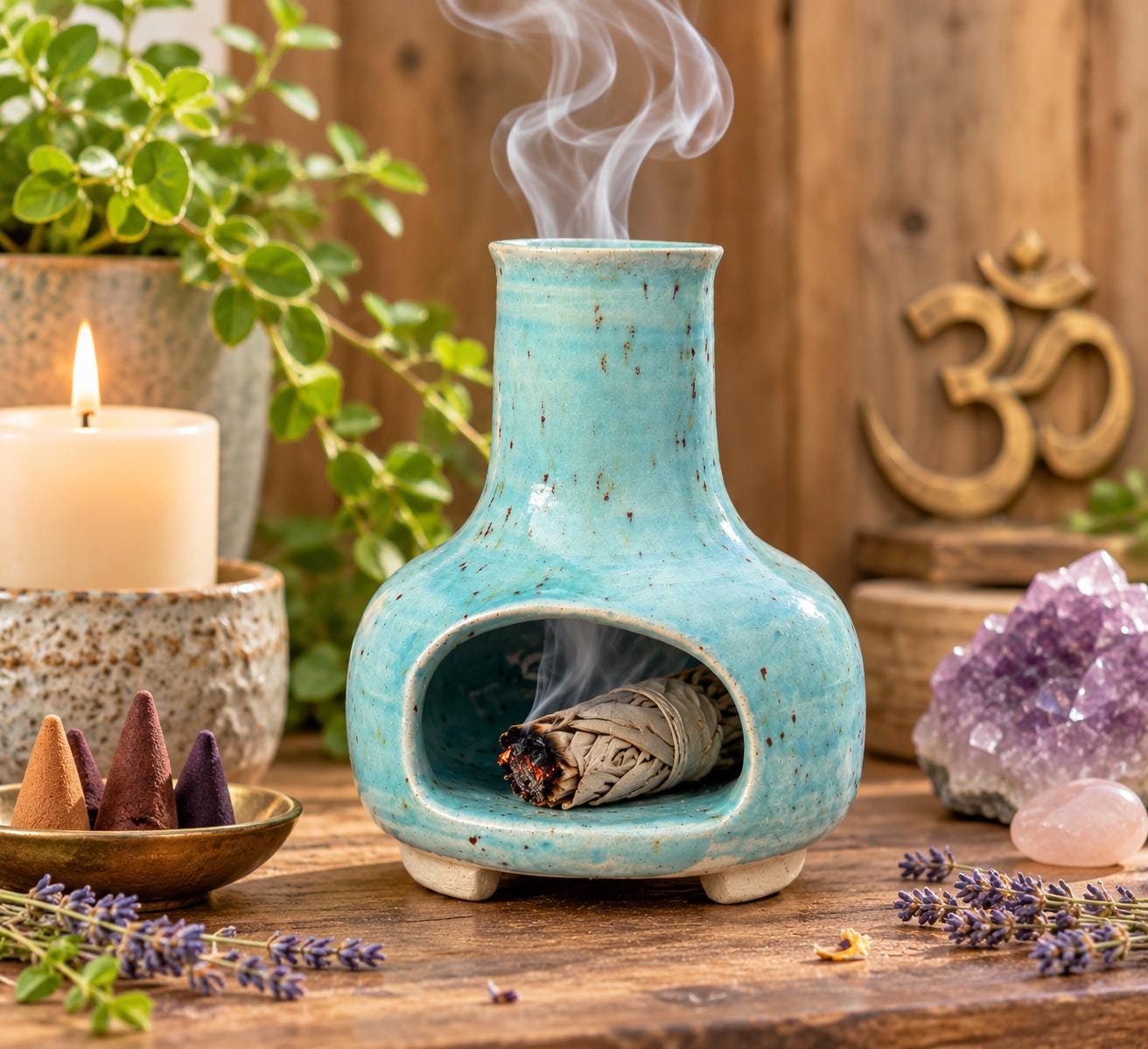 Handmade Ceramic Incense Burner, Speckled Turquoise Stoneware Chiminea - Image 2