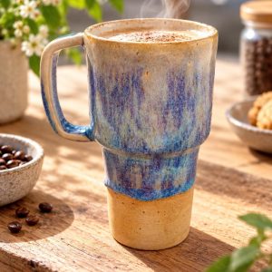 Handmade Blue and Lavender Ceramic Coffee Mug with Natural Clay Base