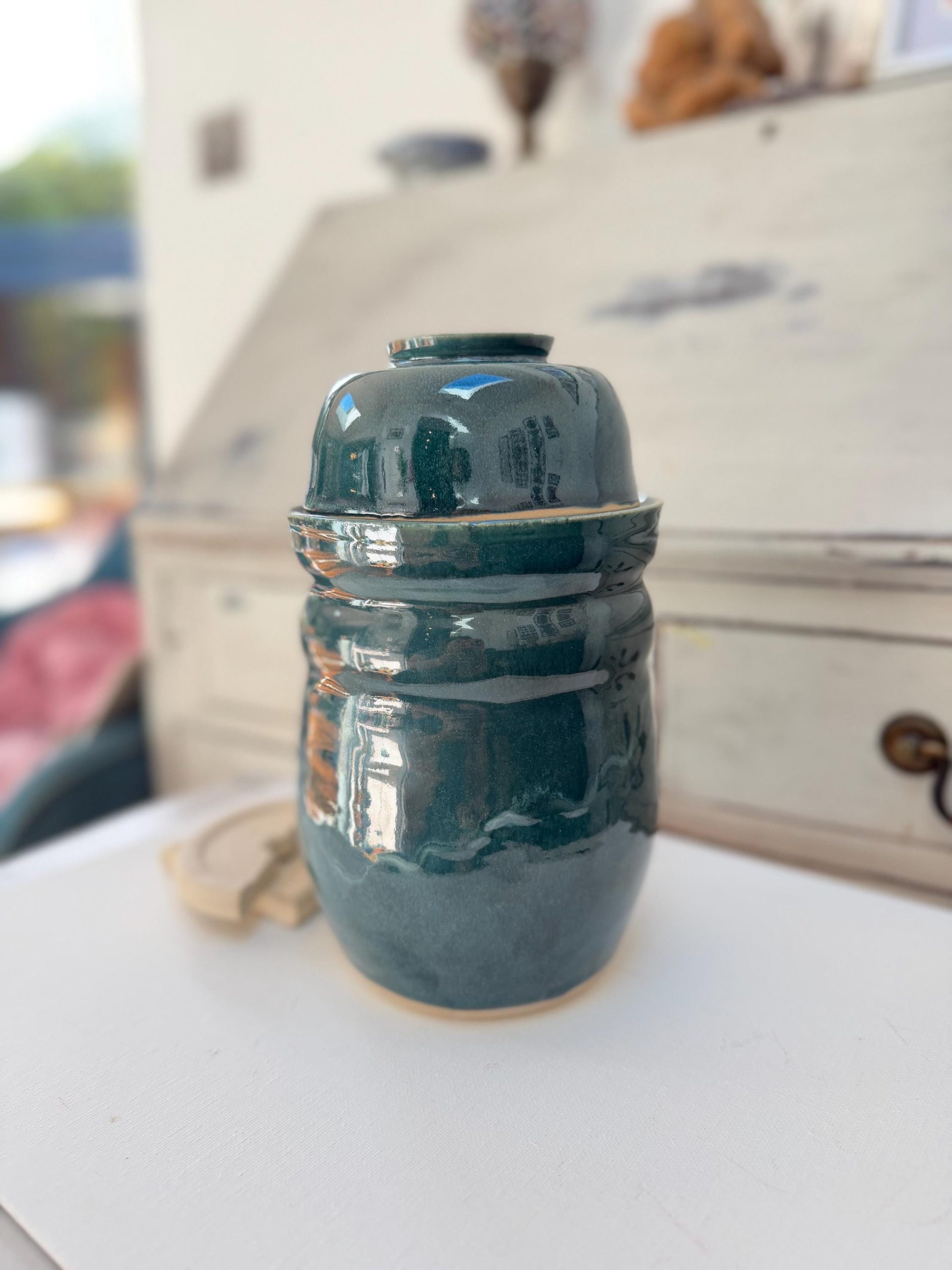 Handmade Ceramic Kimchi Fermentation Jar, Teal Green Stoneware Crock with Lid Bowl and Weights - Image 13