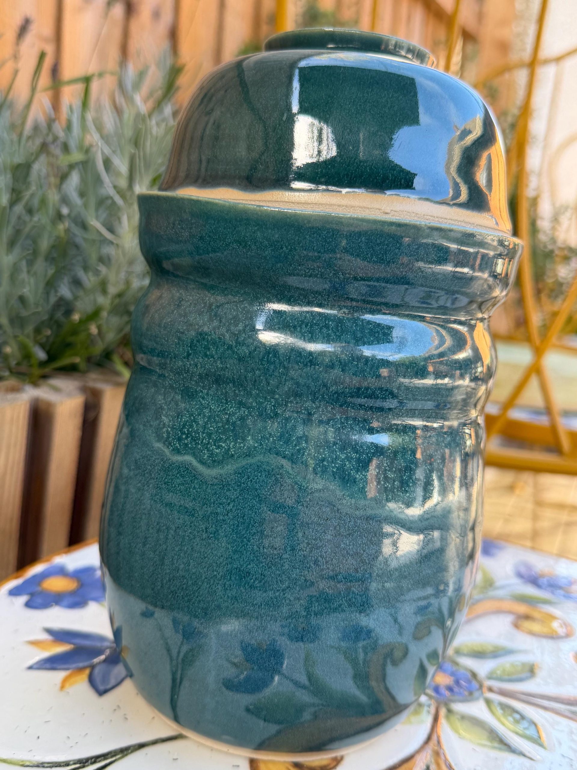 Handmade Ceramic Kimchi Fermentation Jar, Teal Green Stoneware Crock with Lid Bowl and Weights - Image 12