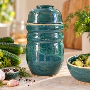 Handmade Ceramic Kimchi Fermentation Jar, Teal Green Stoneware Crock with Lid Bowl and Weights