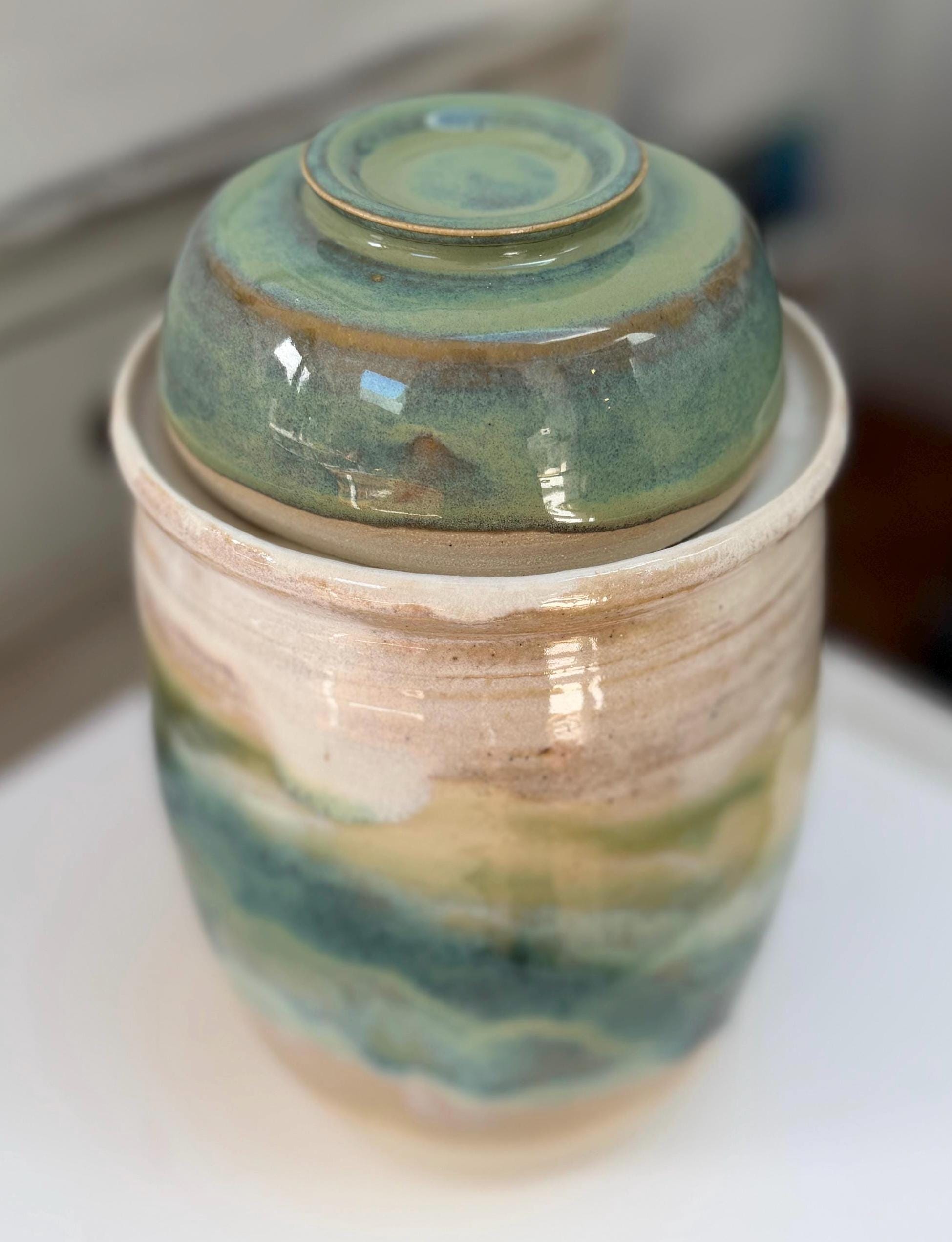 Handmade Ceramic Kimchi Fermentation Jar with Weights. Green Glazed Stoneware Crock with Matching Lid - Image 6