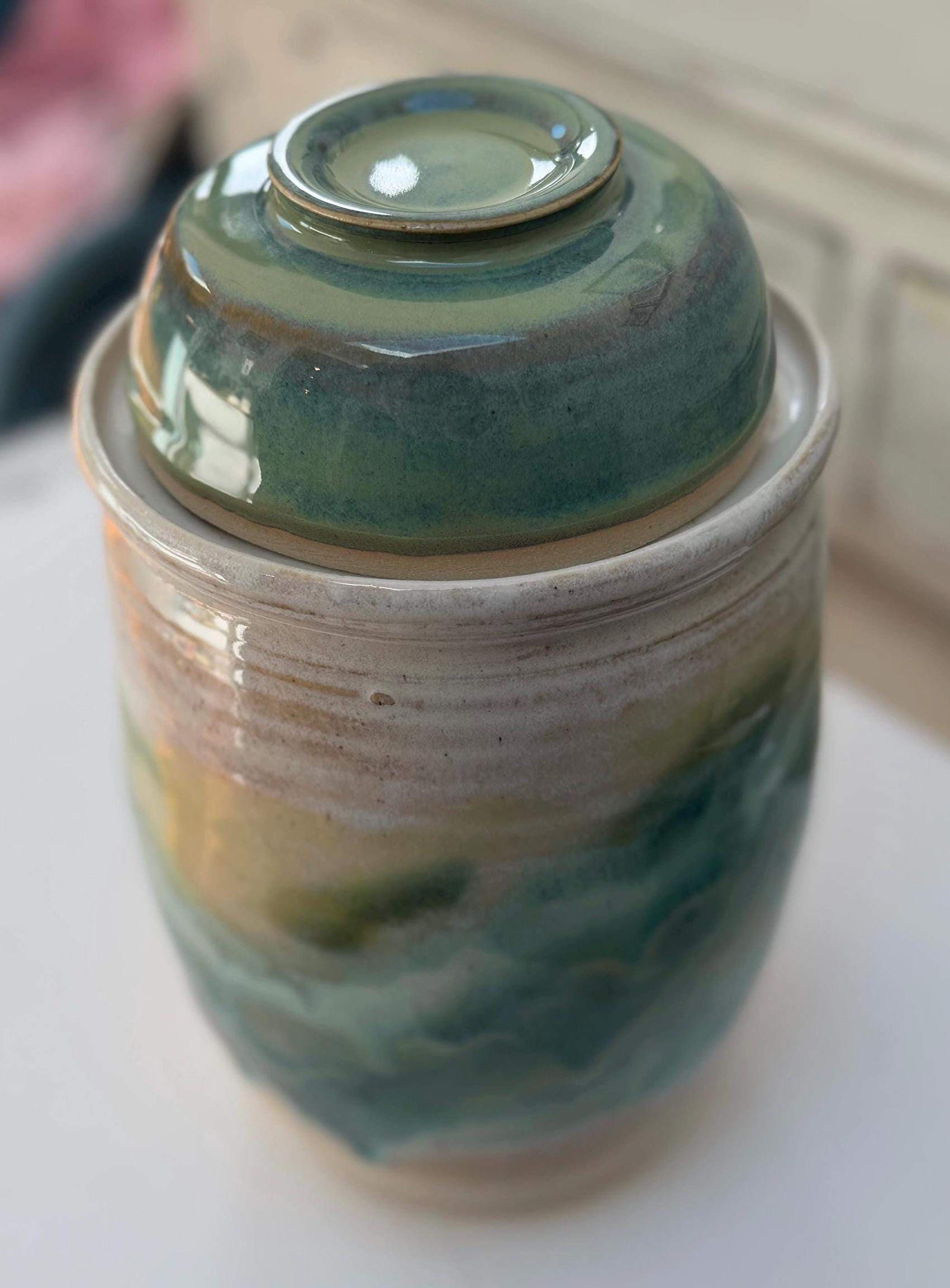 Handmade Ceramic Kimchi Fermentation Jar with Weights. Green Glazed Stoneware Crock with Matching Lid - Image 14