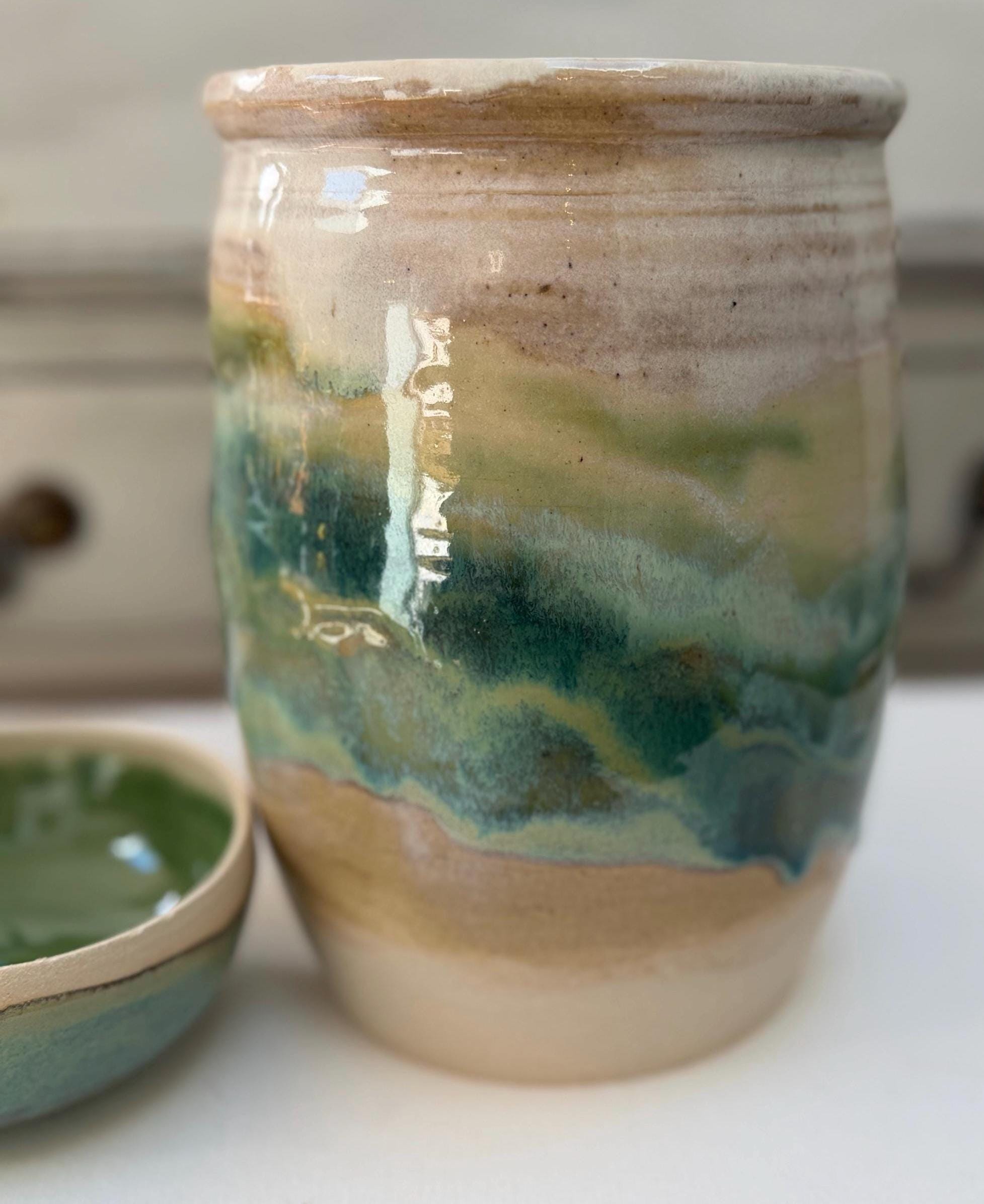 Handmade Ceramic Kimchi Fermentation Jar with Weights. Green Glazed Stoneware Crock with Matching Lid - Image 17
