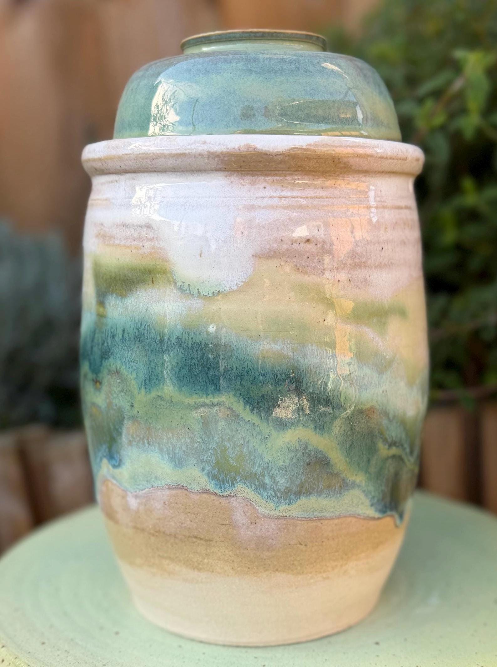 Handmade Ceramic Kimchi Fermentation Jar with Weights. Green Glazed Stoneware Crock with Matching Lid - Image 18