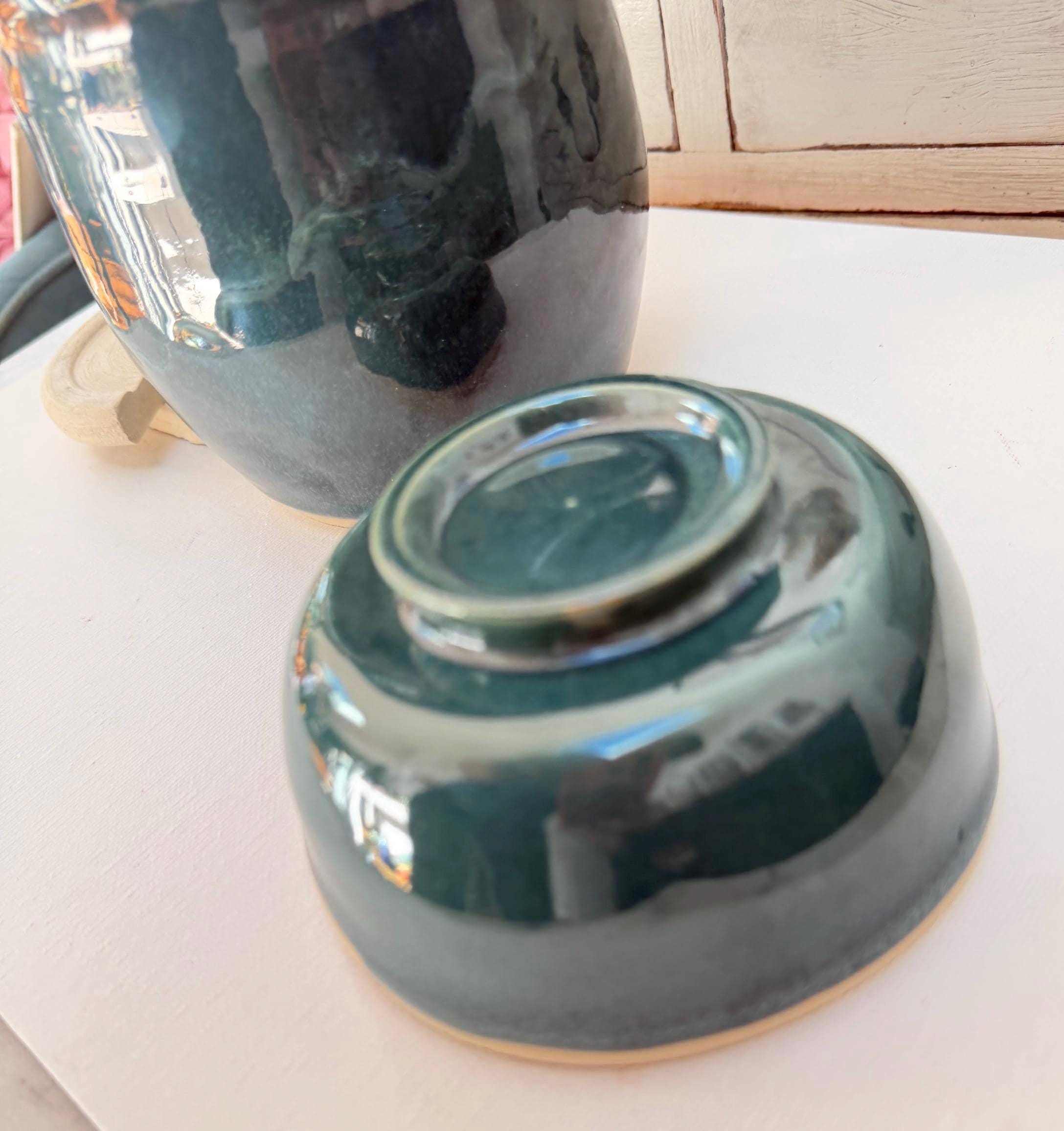 Handmade Ceramic Kimchi Fermentation Jar, Teal Green Stoneware Crock with Lid Bowl and Weights - Image 3
