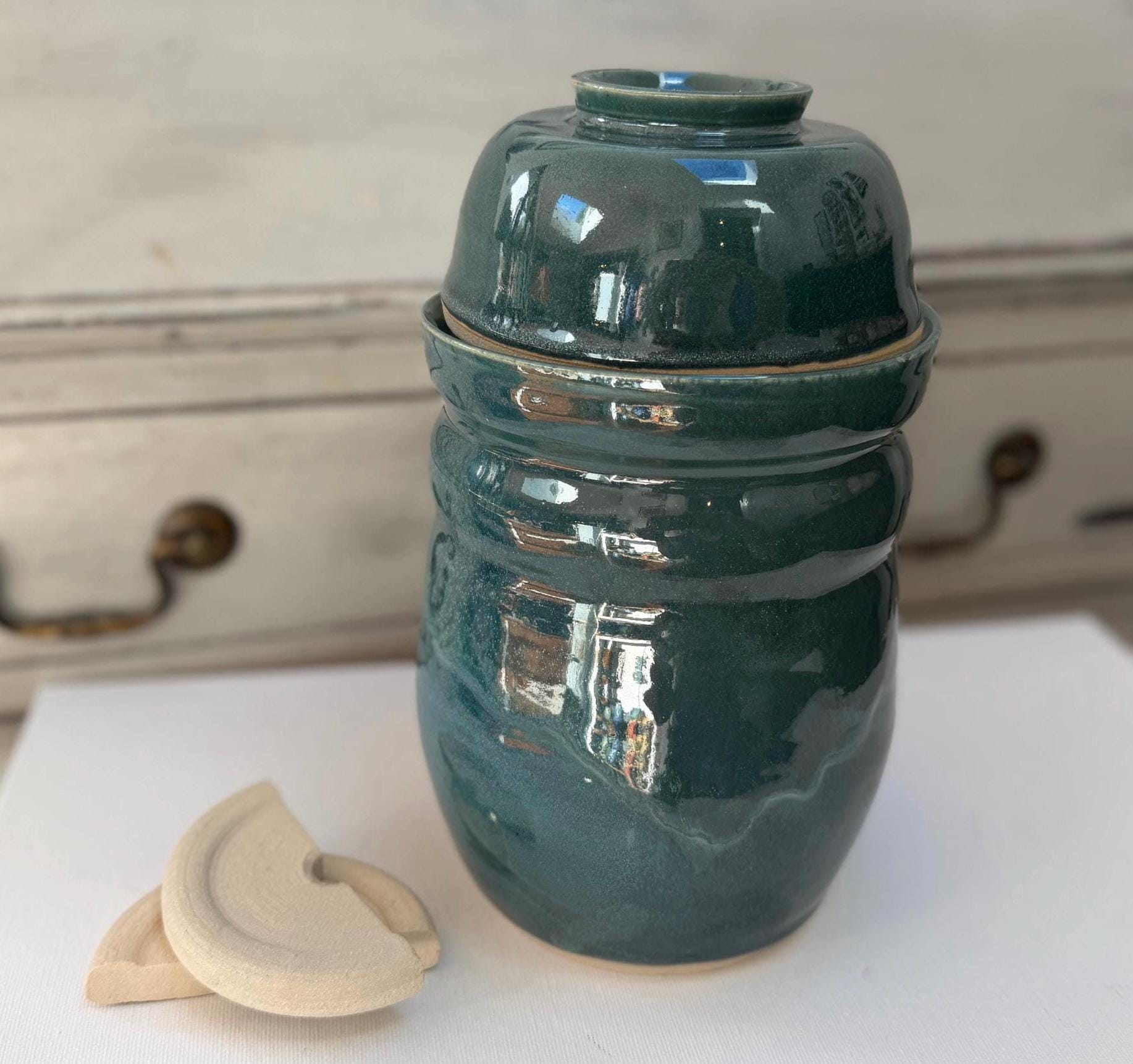 Handmade Ceramic Kimchi Fermentation Jar, Teal Green Stoneware Crock with Lid Bowl and Weights - Image 8