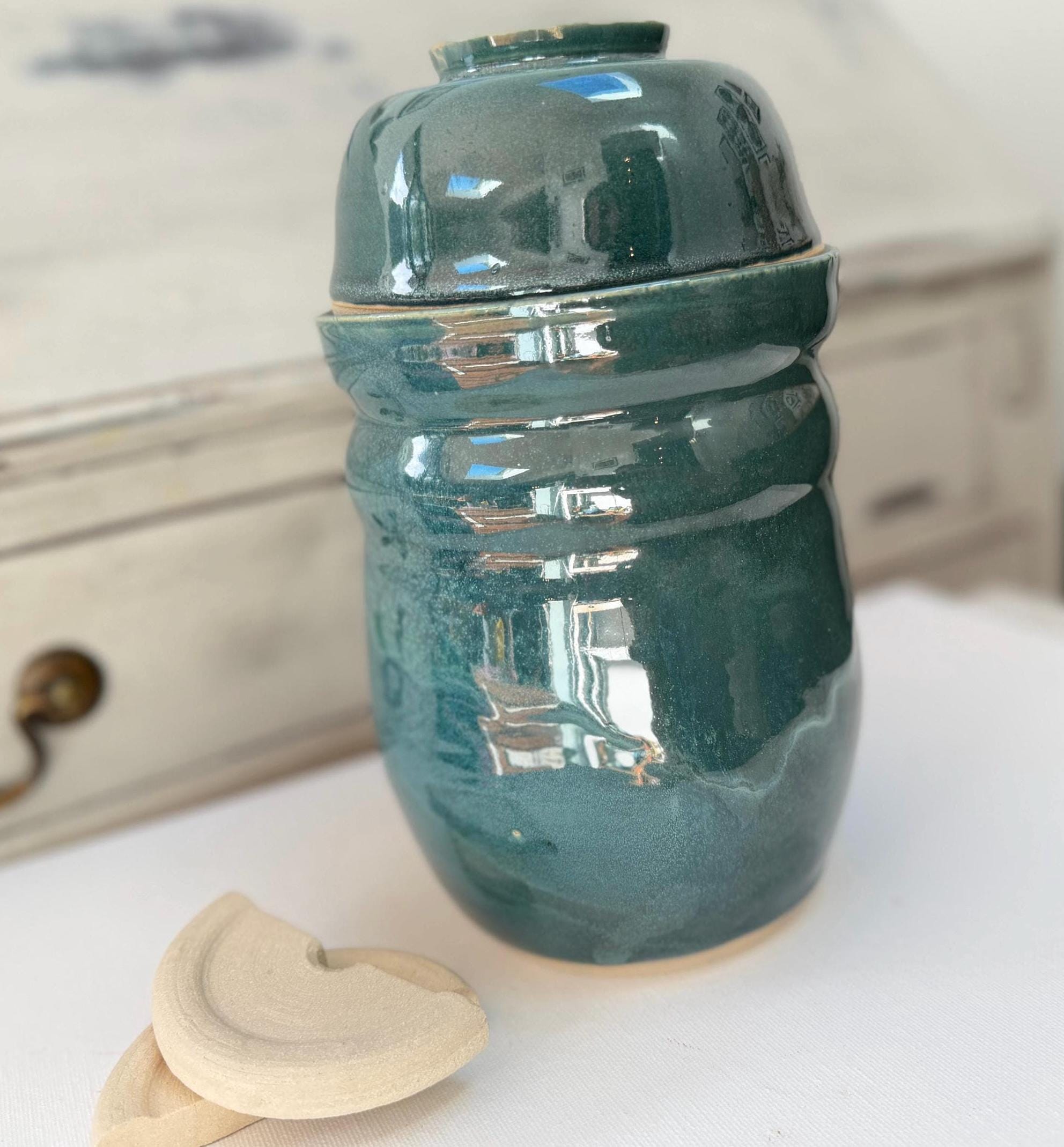 Handmade Ceramic Kimchi Fermentation Jar, Teal Green Stoneware Crock with Lid Bowl and Weights - Image 11